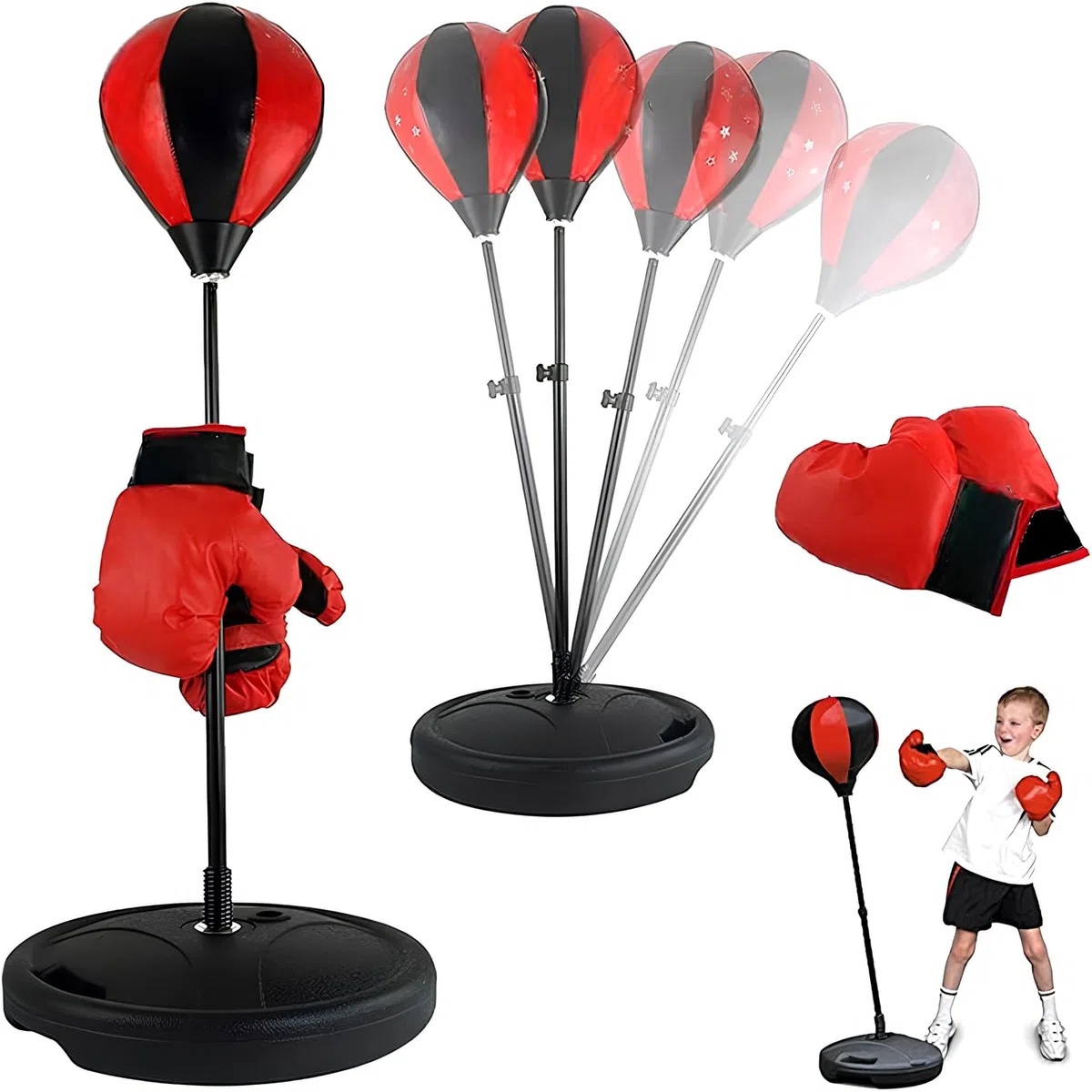 Set Pugilato Bambini Palla Pera con Piantana Regolabile Sacco da Pugilato Boxe con Guantoni per Bambini Allenamento Sacco Guanti da Boxe Combattimento Sparring Kickboxing Sacchi Sport