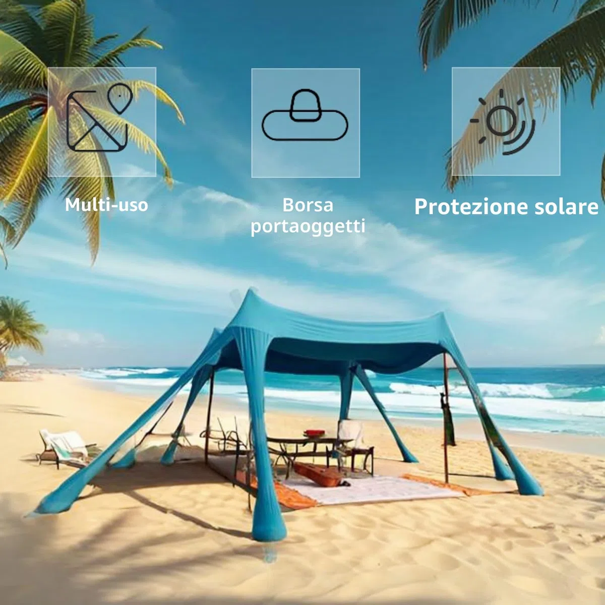 Tenda parasole da spiaggia, grande tenda parasole per esterni, per 6-8 persone, protezione UV per spiaggia, campeggio, pesca e picnic (Blu)