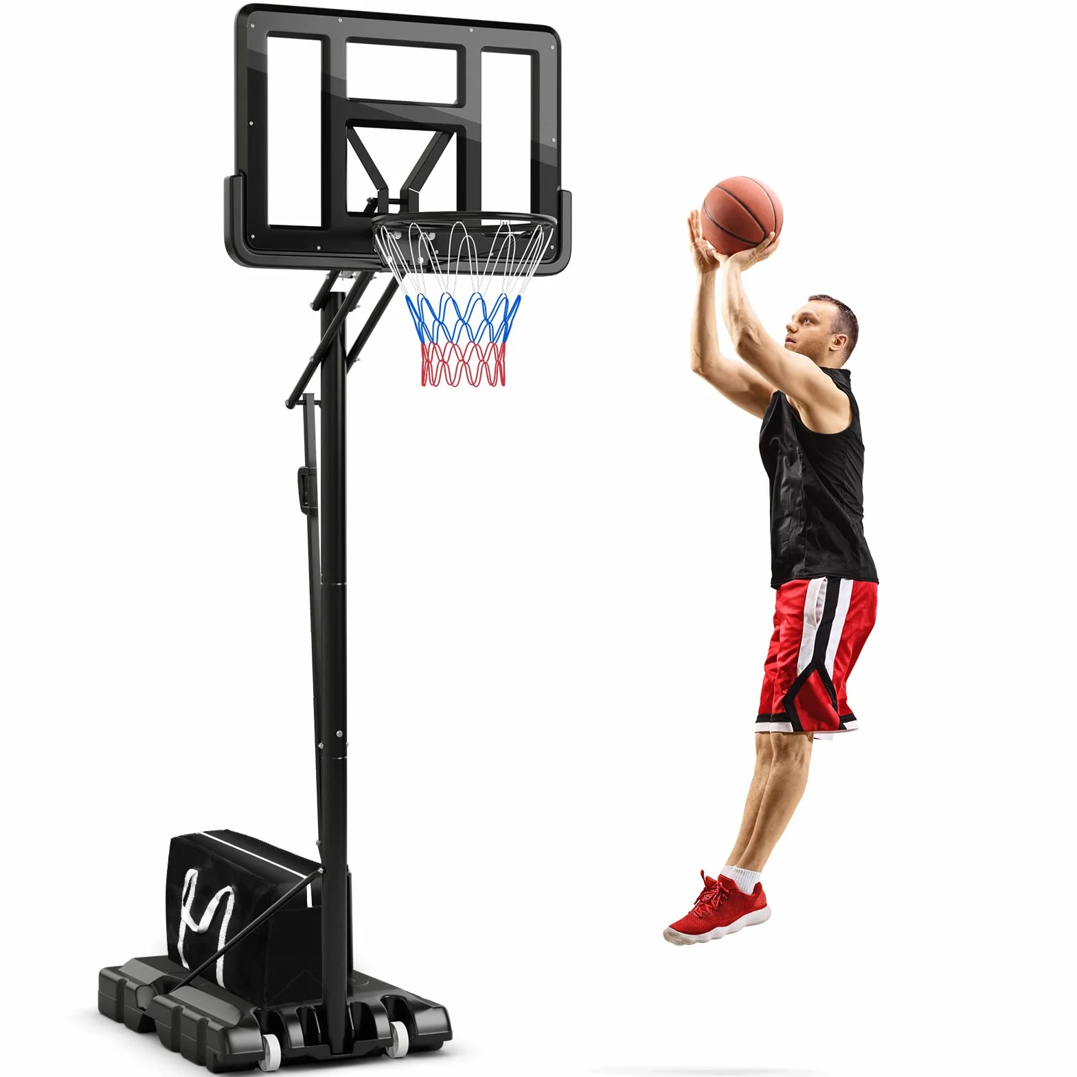 GYMAX Canestro da Basket Portatile, Canestro Basket Regolabile in Altezza 143-305 cm con Tabellone in PET, Cerchio in Metallo Solido da 48 cm e 2 Ruote, per Adulti, Adolescenti