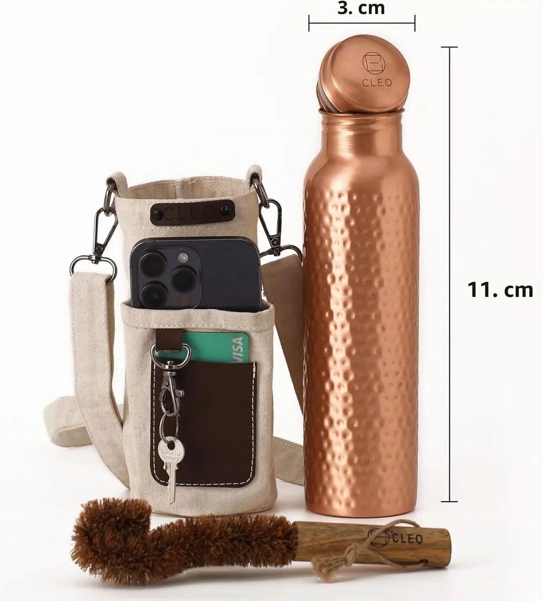 Bottiglia Acqua in Rame Puro Martellato 950 ml – Bottiglia Ayurvedica Antiperdita Senza BPA per Yoga Palestra Viaggi e Ufficio con Borsa in Tela Tasche e Spazzola Pulizia Inclusa