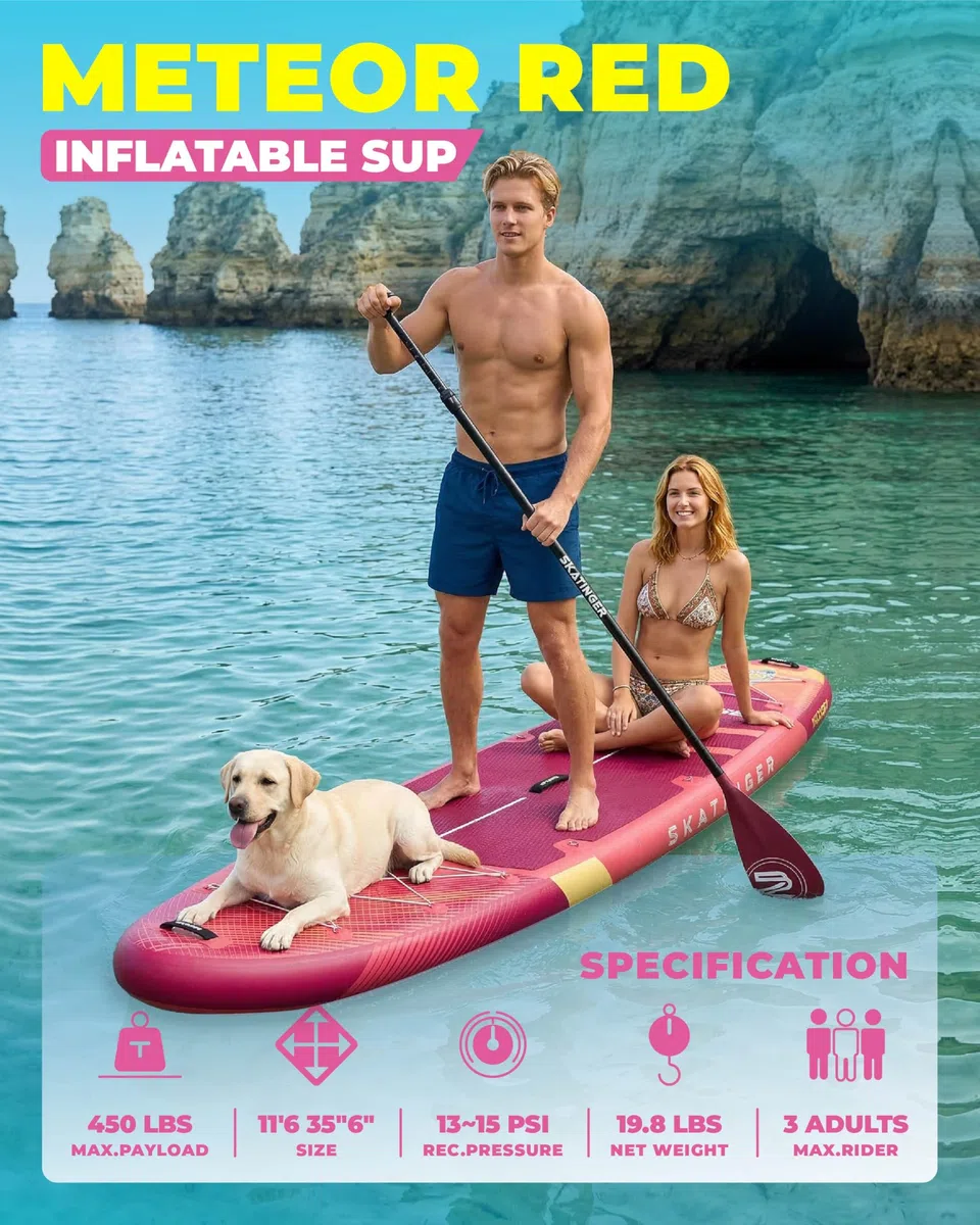 Skatinger Tavole gonfiabili per stand up paddle, 28 x 86 x 15,2 cm, tavola da SUP gonfiabile, tavola da yoga con zaino 1600D, 6 anelli a D extra, tracolla, pinna centrale degli Stati Uniti, pompa a 2
