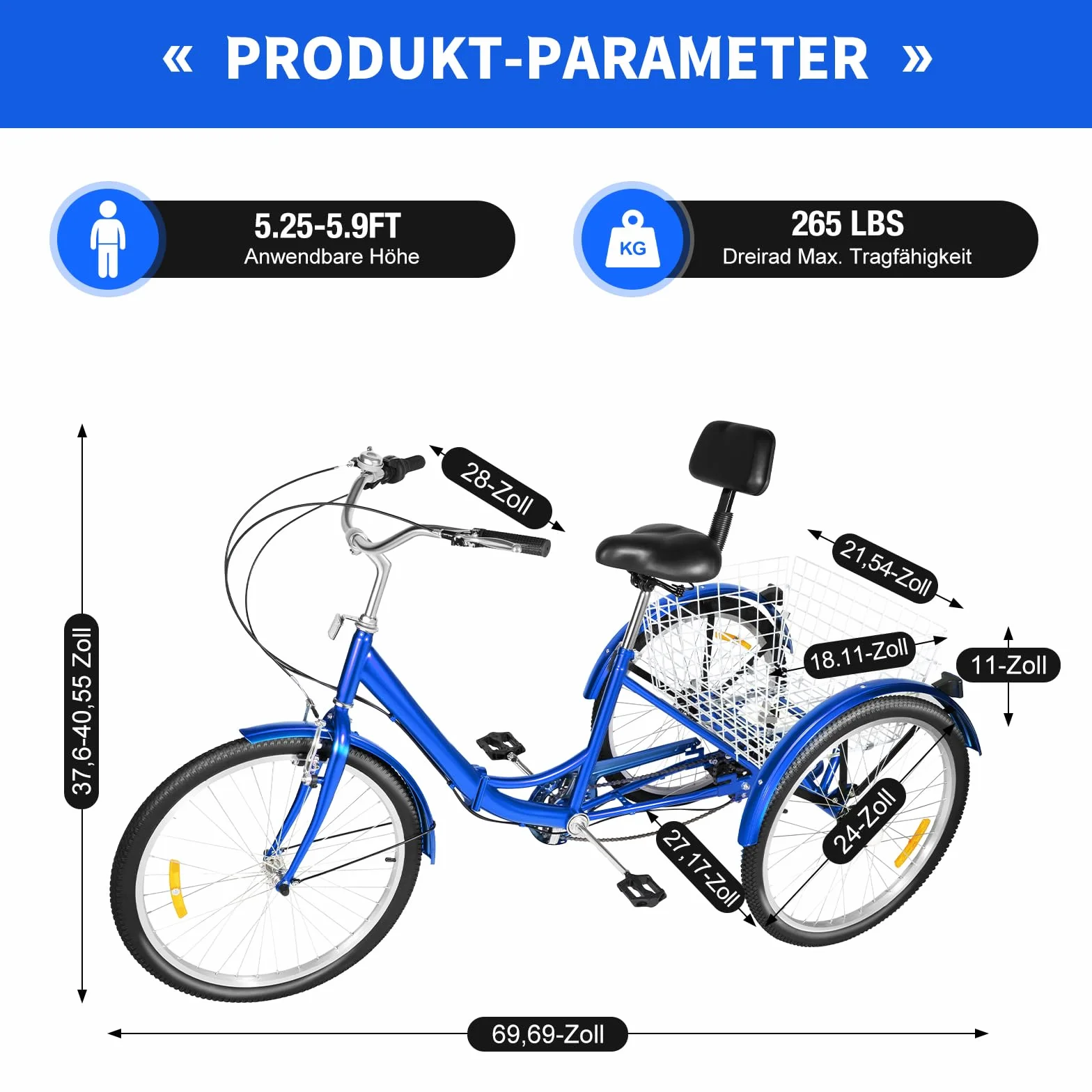 Triciclo pieghevole da 24 pollici per adulti, bicicletta per anziani, triciclo pieghevole con cestino portaoggetti, 7 marce, ideale per lo shopping, capacità di peso 120 kg, blu