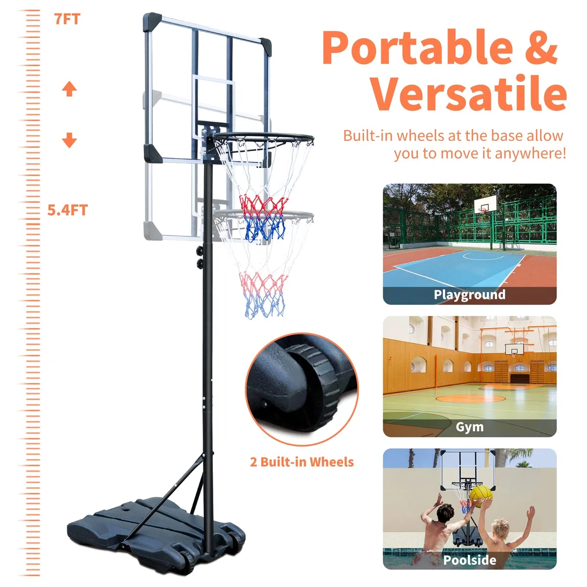 HIONRE Set di canestro da basket trasparente da 2,1 m, professionale, per esterni, con ruote, altezza regolabile 165 cm-213 cm, nero