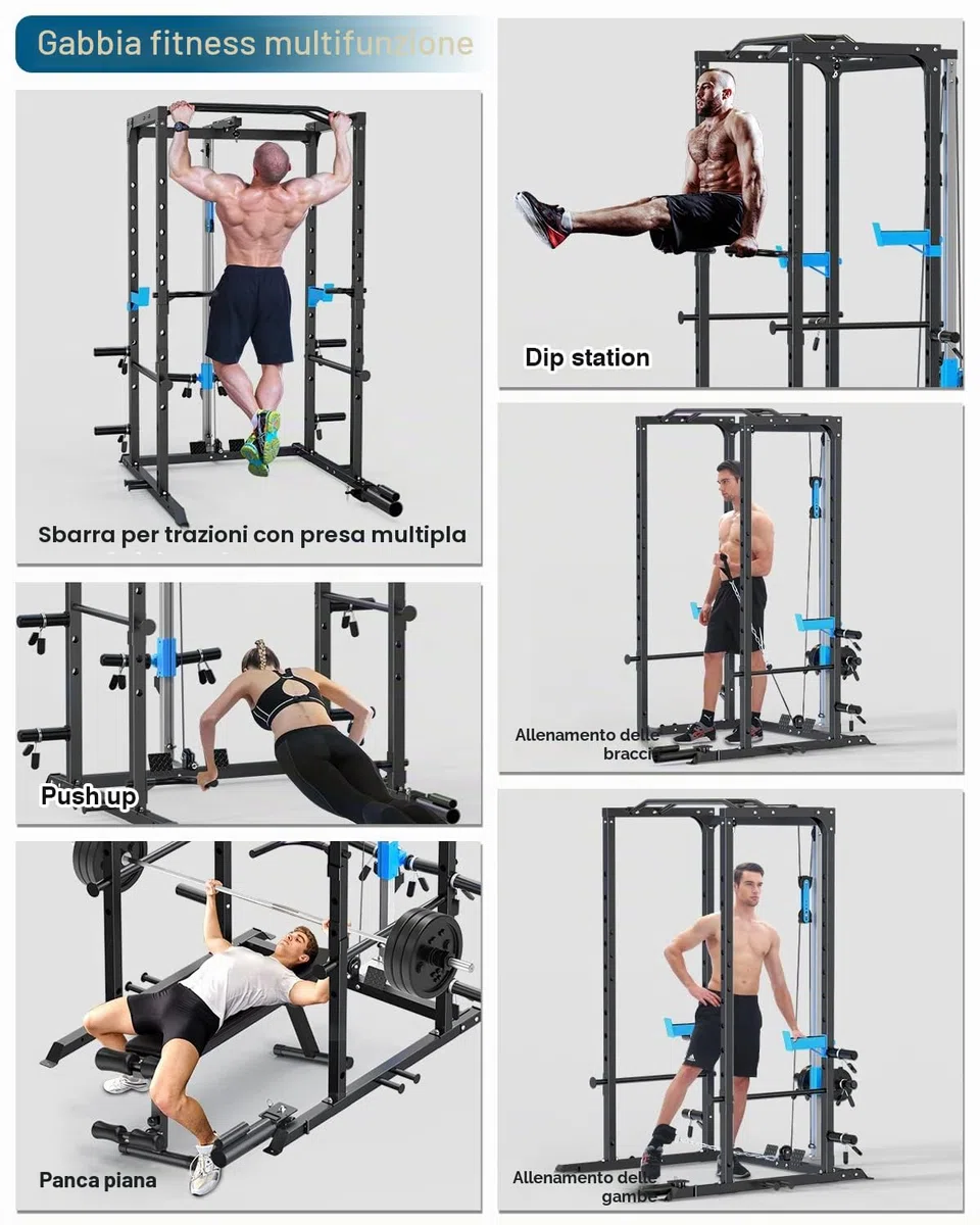 WINNOW Power Cage - Power Rack multifunzione con ganci a J, maniglie per immersioni, attacco per mine antiuomo e sistema di puleggia per cavi opzionale, per palestra domestica