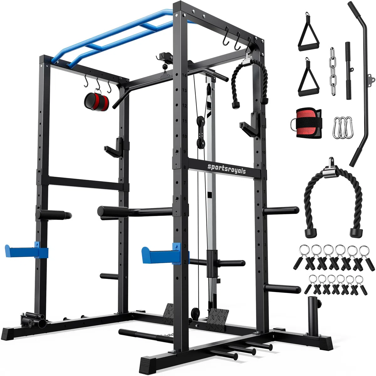 Sportsroyals Power Cage - Power Rack da 725,7 kg con cavo regolabile Crossover, multifunzione Squat Rack con sistema di puleggia e accessori per allenamento per palestra domestica