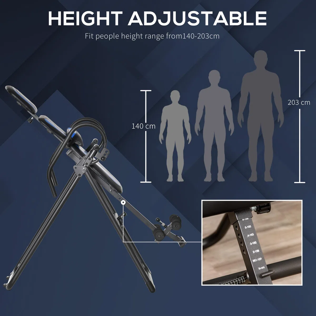 HOMCOM Tavolo ad inversione pieghevole, panca per stretching con trainer a gravità per la terapia della schiena con cuscini per le caviglie fino a 110 kg - acciaio, nero e blu