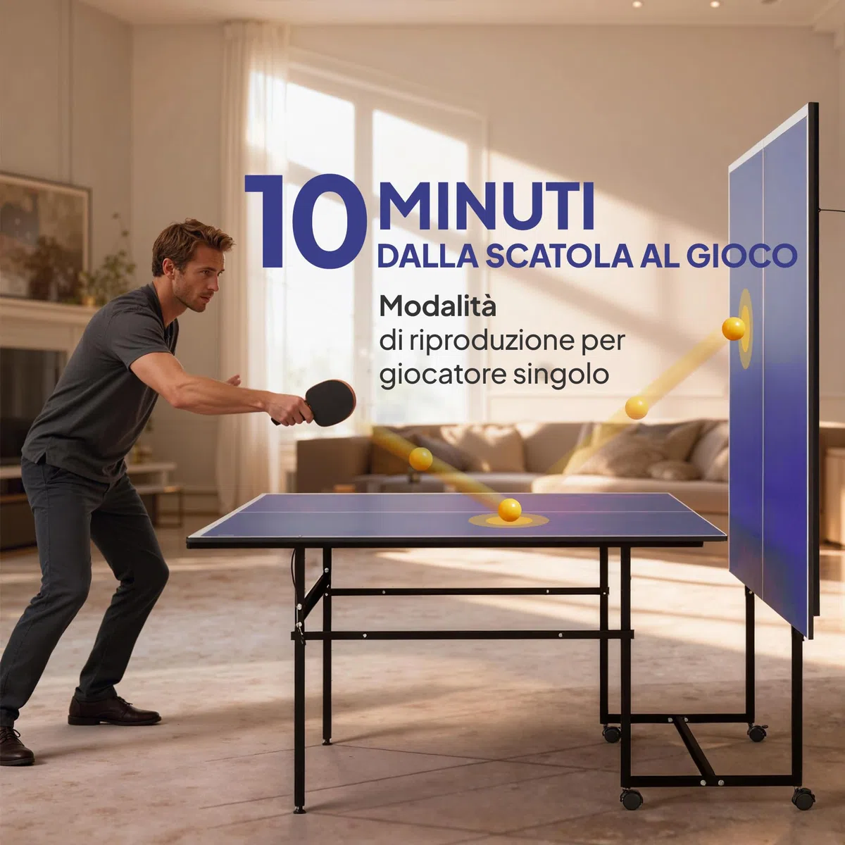 SPORTNOW Tavolo Ping Pong Pieghevole Salvaspazio per Interni, Tavolo da Ping Pong Professionale con Ruote Girevoli, Rete, Racchette e Palline, Blu