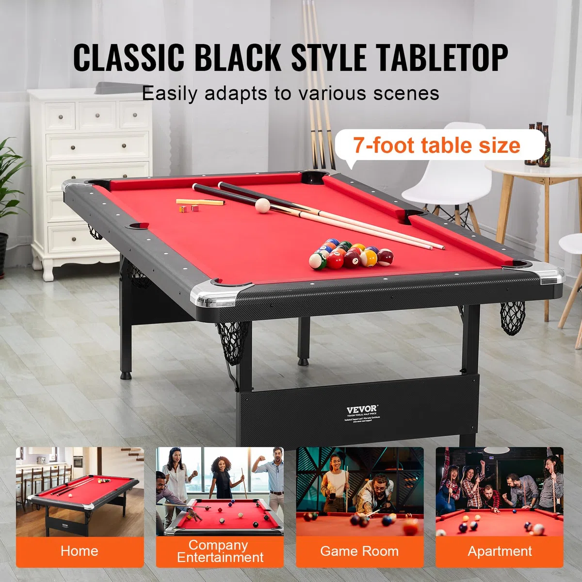 VEVOR Tavolo da Biliardo da 7 Piedi, Pieghevole Salvaspazio, Set Con Palline, Stecche, Gesso, Nero, Perfetto per la Sala Giochi di Famiglia per Bambini e Adulti