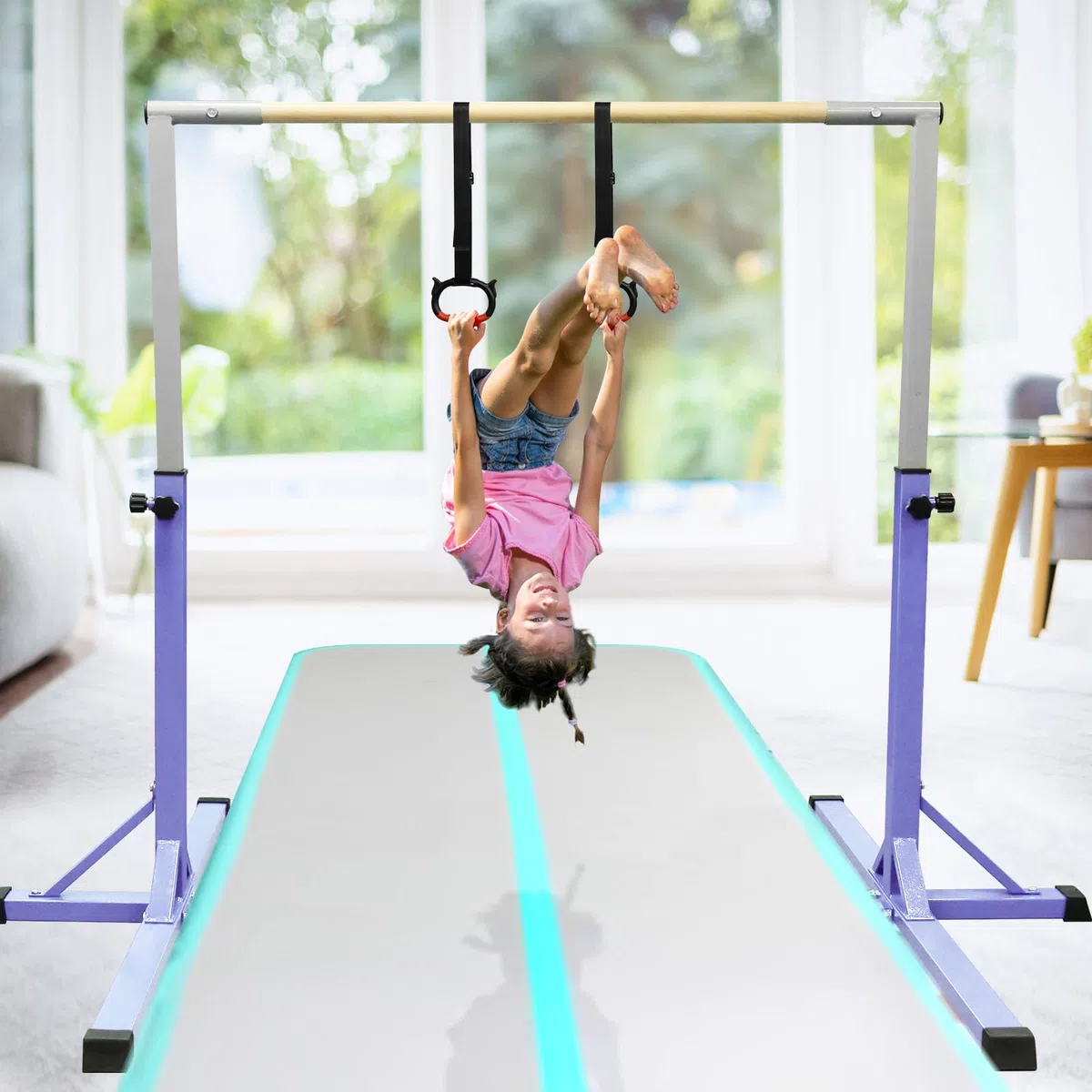 FBSPORT Barra da Ginnastica per Bambini con 13 Altezze Regolabili,Sbarra di Ginnastica per Bambini Barra Ginnastica Orizzontali Artistica Palestra Danza per Bambini e Bambine e Portatile Viola