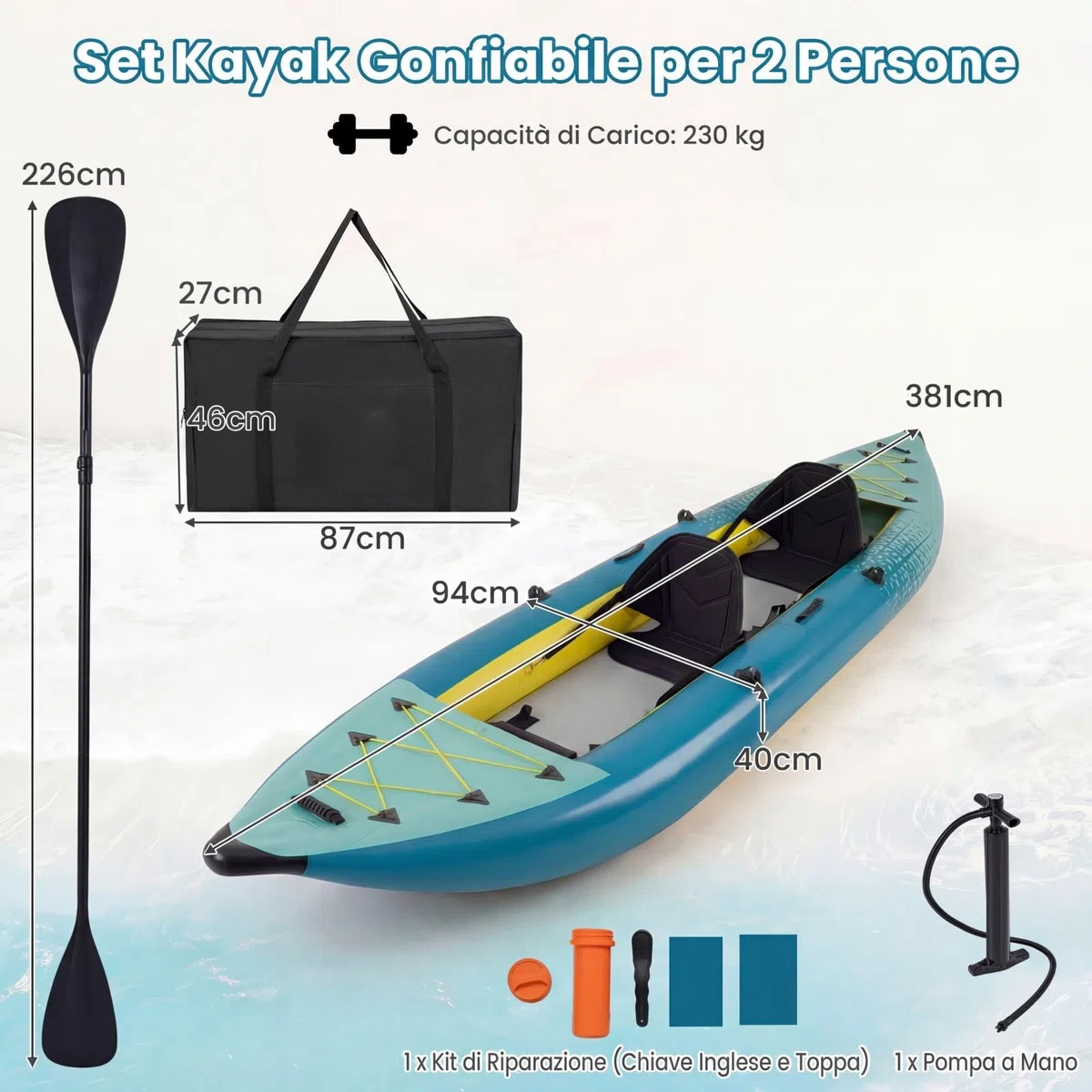 COSTWAY Kayak Gonfiabile 2 Posti, Kayak da Pesca Gonfiabile e Portatile 381 cm con 2 Sedili Imbottiti e Poggiapiedi Regolabili, Remi in Alluminio, Pompa a Mano, Ideale per Lago e Mare
