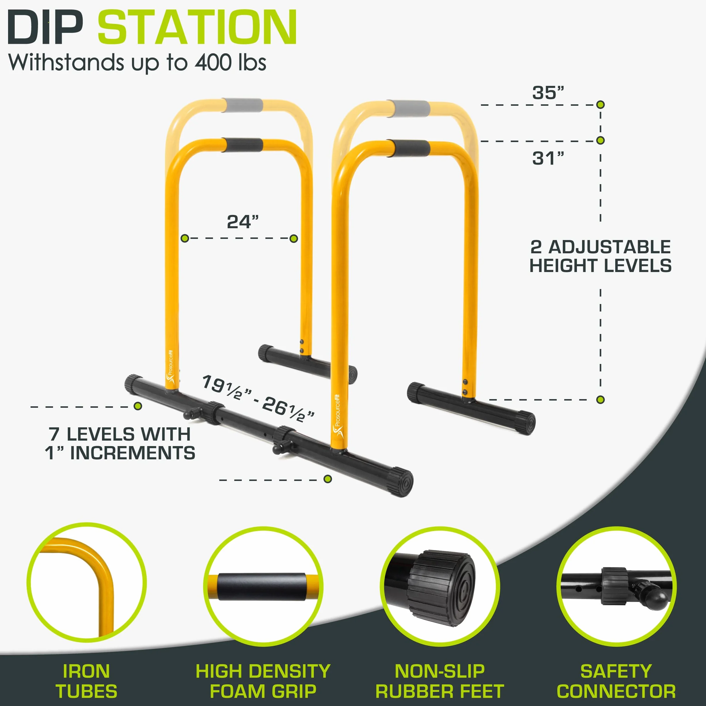 ProsourceFit Dip Stand Station, Ultimate Heavy Duty Body Bar Press with Safety Connector for Tricep Dips, Pull-Ups, Push-Ups, L-Sits