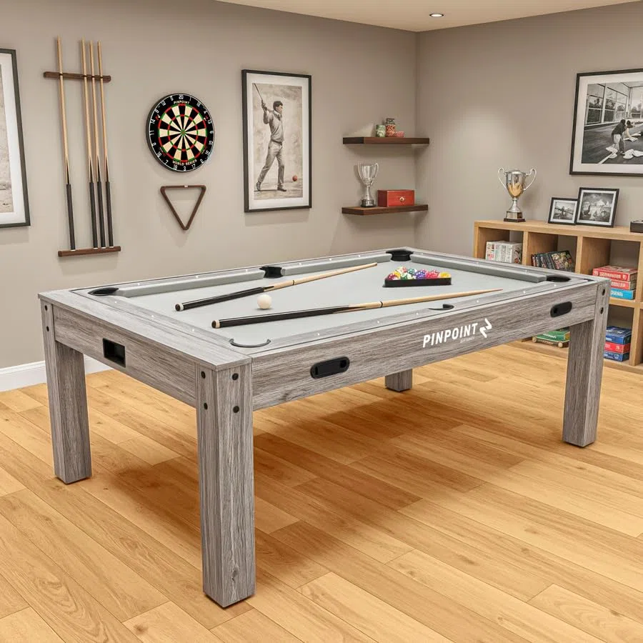 PINPOINT Tavolo da gioco 4 in 1 – biliardo, air hockey, ping pong e giochi da tavolo – Tavolo da interno da 2,1 m con accessori inclusi – Finitura in legno grigio Driftwood per sale giochi e famiglia