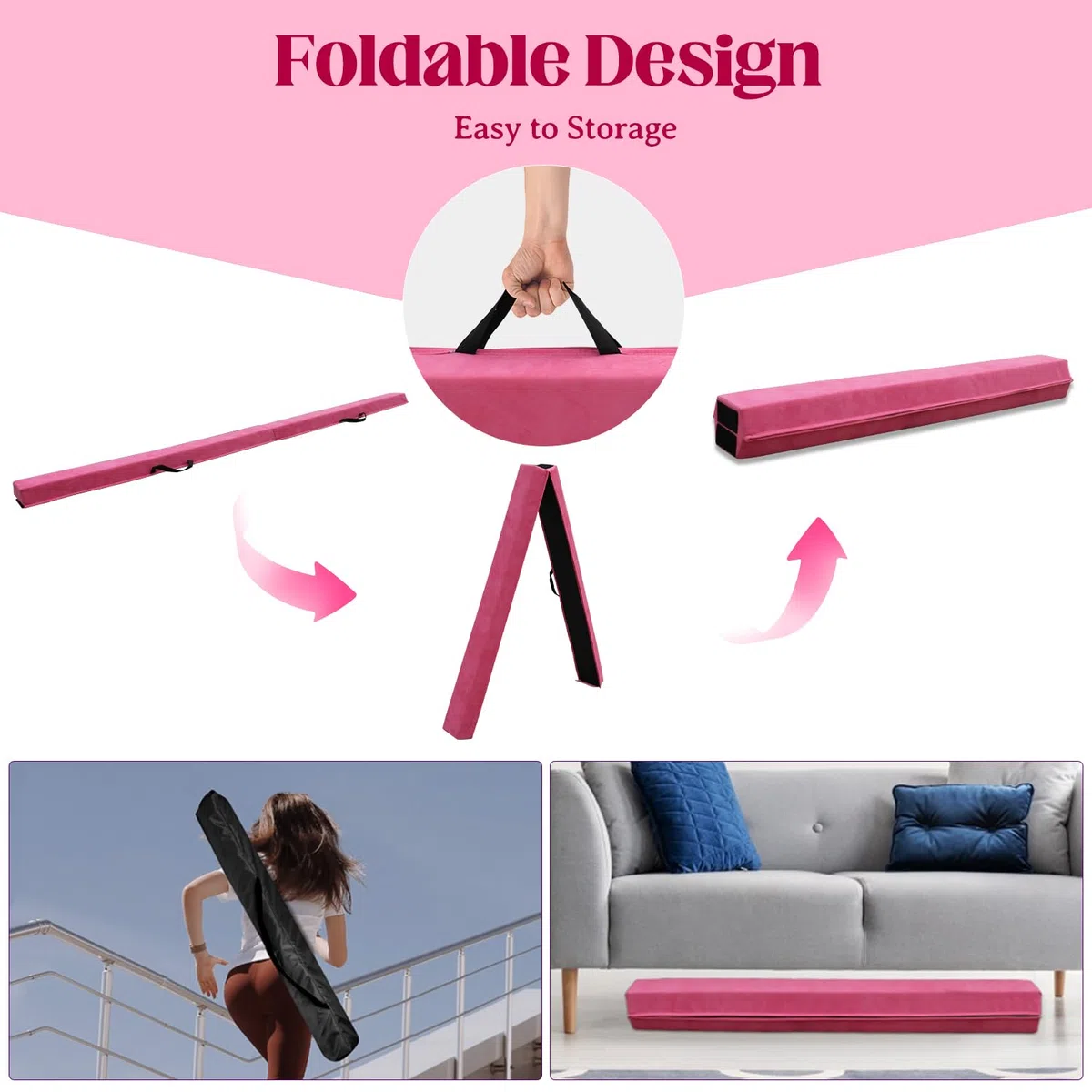 Trave Ginnastica Artistica per Casa 270 cm, Trave Pieghevole Ginnastica Portatile per Allenamento, Trave Equilibrio con Base In Gomma Antiscivolo per Bambini, Principianti e Ginnasti Professionisti