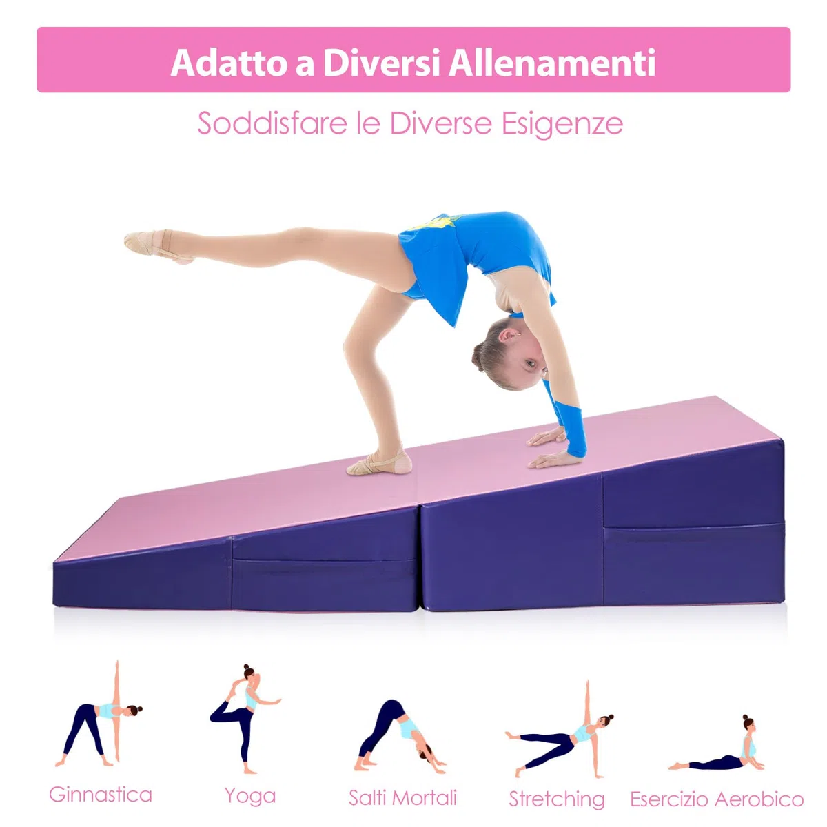 COSTWAY Materassino Ginnastica Inclinato, Tappetino Inclinato a Forma di Cuneo con Maniglia, Tappetino Ginnastica Pieghevole per Allenamenti a Casa Aerobica Fitness Palestra