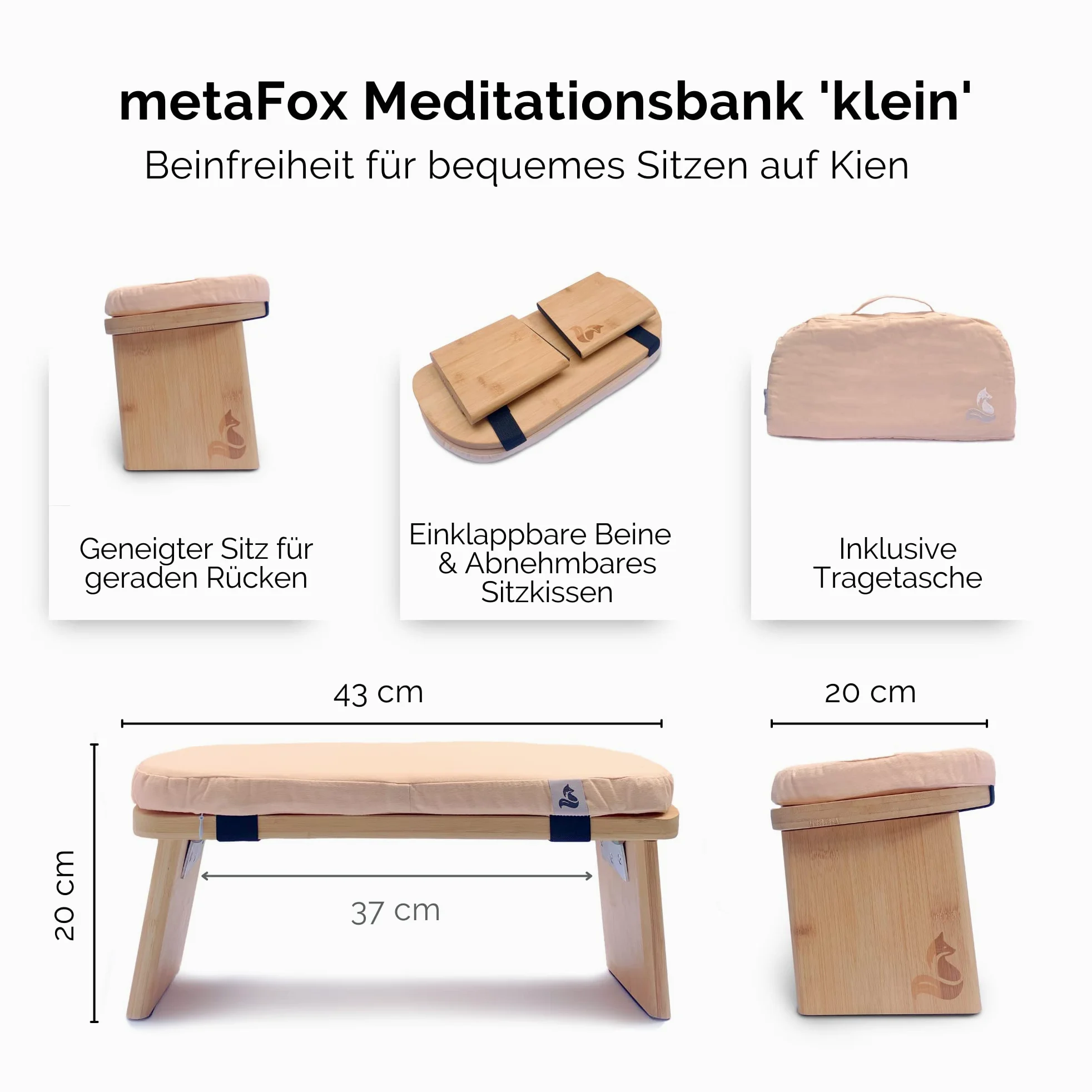 metaFox Panca da meditazione | Sgabello pieghevole in bambù con cuscino e borsa per il trasporto | Per la tua pratica di attenzione e meditazione | alternativa al cuscino da meditazione