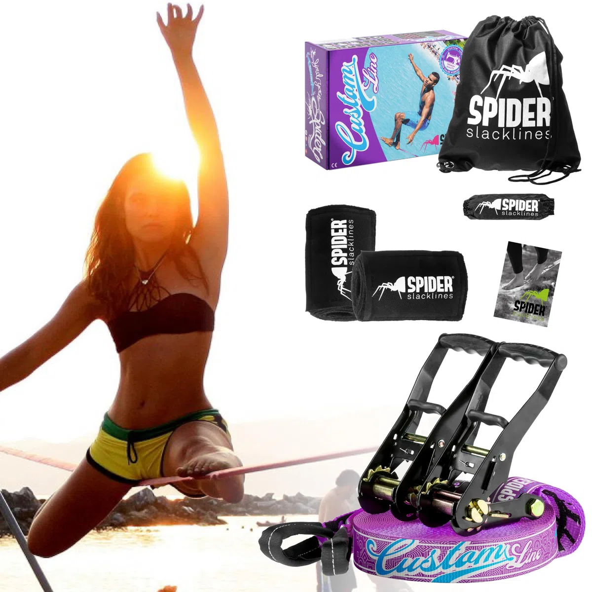 TKSA3 - Kit Slackline adulti - Materiale resistente per chi pratica slacklining - Set fettuccia 25m per esperti e neofiti con 2 cricchetti