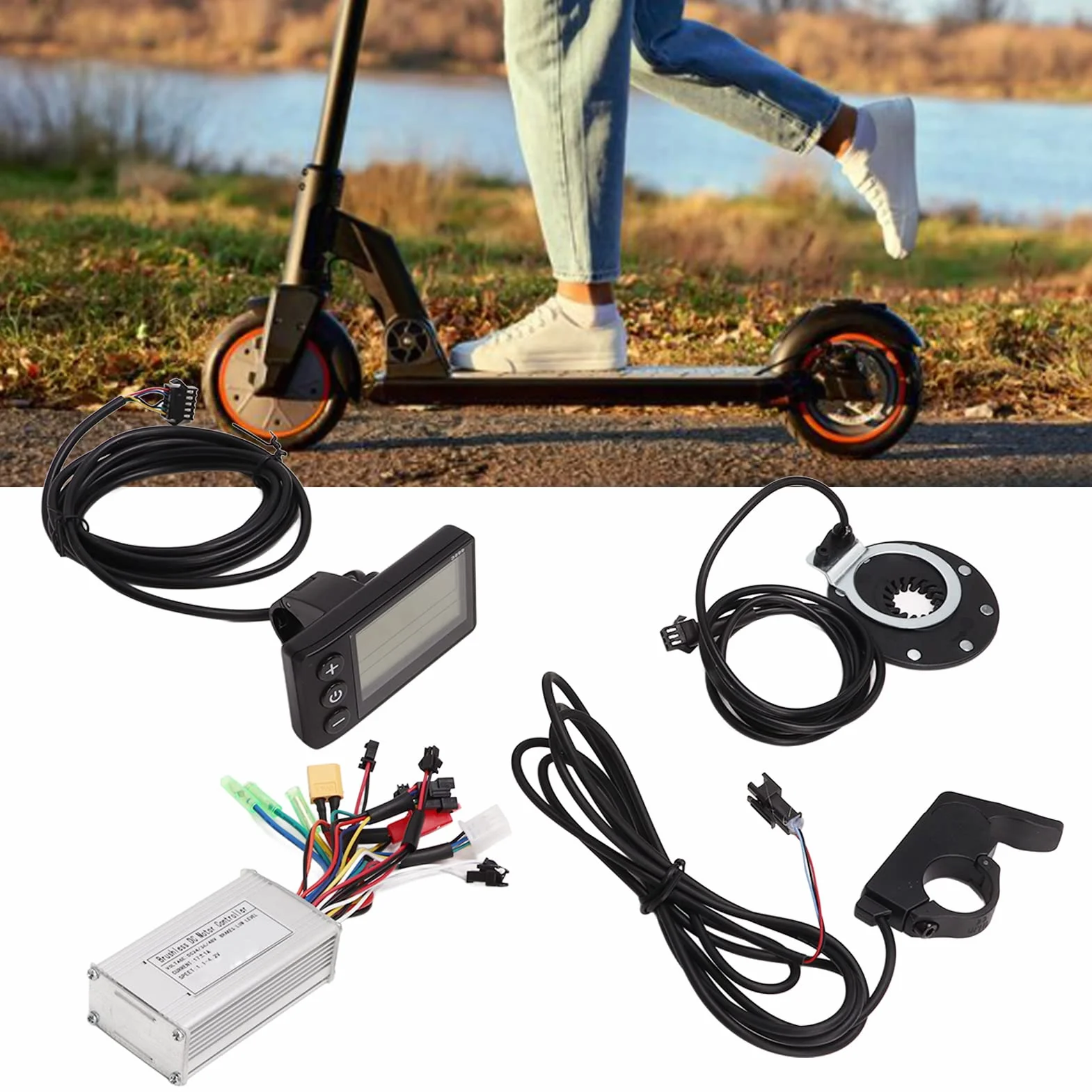 BuyWeek Kit Controller Motore Brushless Bici Elettrica, 24V 36V 48V 250W 350W Bicicletta Elettrica 17a Controller S866 Display LCD Misuratore Pollice Acceleratore 8 Sensore di Assistenza Magnetica