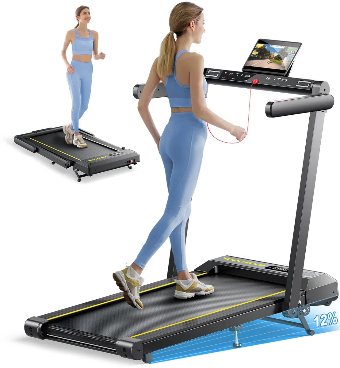 Tapis Roulant Elettrico Pieghevole 1-16km/h, Tapis Roulant con 12% Pendenza, Salvaspazio per Casa e Ufficio, Doppio Display LED, Cardiofrequenzimetro, 12 Programmi, APP e Telecomando