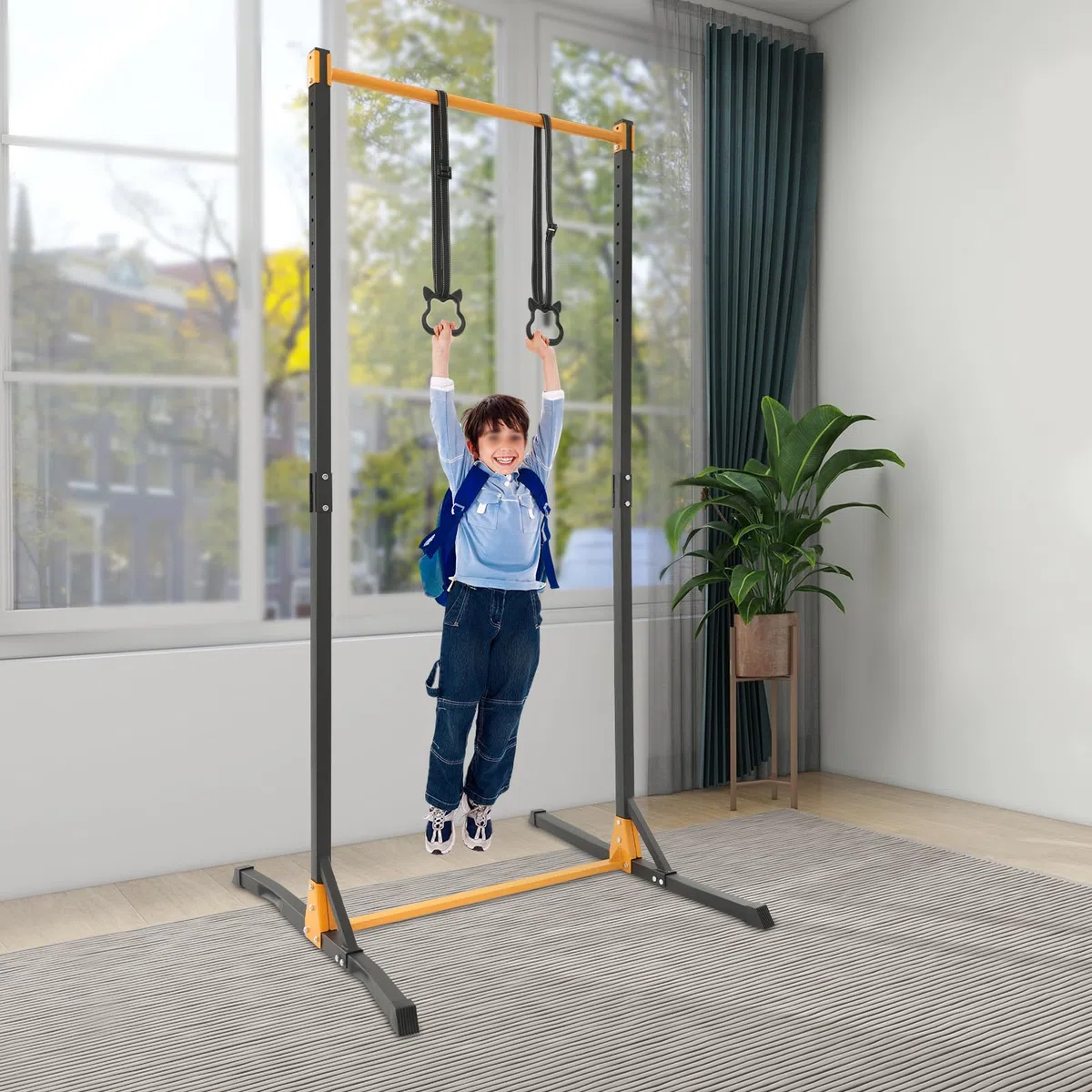 Sbarra per trazioni Power Tower, stazione per trazioni con 2 anelli, altezza regolabile in 11 livelli (160-215 cm), portata 400 kg, attrezzo fitness per casa