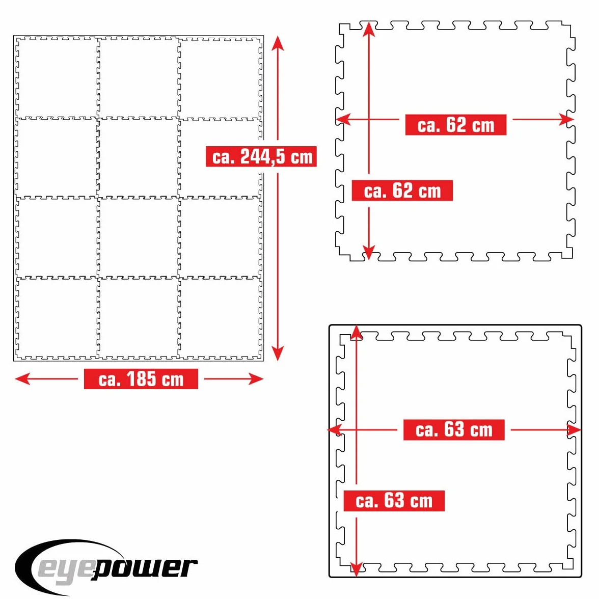 eyepower Gym Mat: 4.8mq Tappeto Palestra 2 cm - Set di 12 Tappetini per Fitness 63x63 - Pavimento ad Incastro Tappeto Fitness Puzzle EVA Tappetino Squat Tappeto per Cyclette Tappeto Sport Tatami Judo
