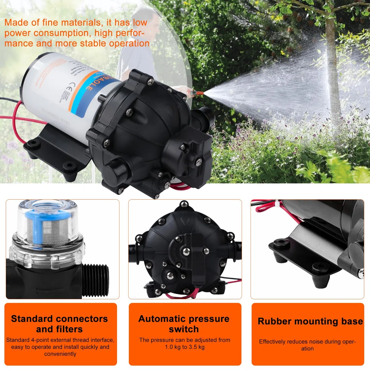 Pompa Acqua 12V, DC 20,8 L/min 70 psi/4,8 bar 5,5 GPM 5 Camere Pompa a Pressione Autoadescante per Acqua su Richiesta Pompa a Membrana per Acqua per Camper Yacht Giardino Camper
