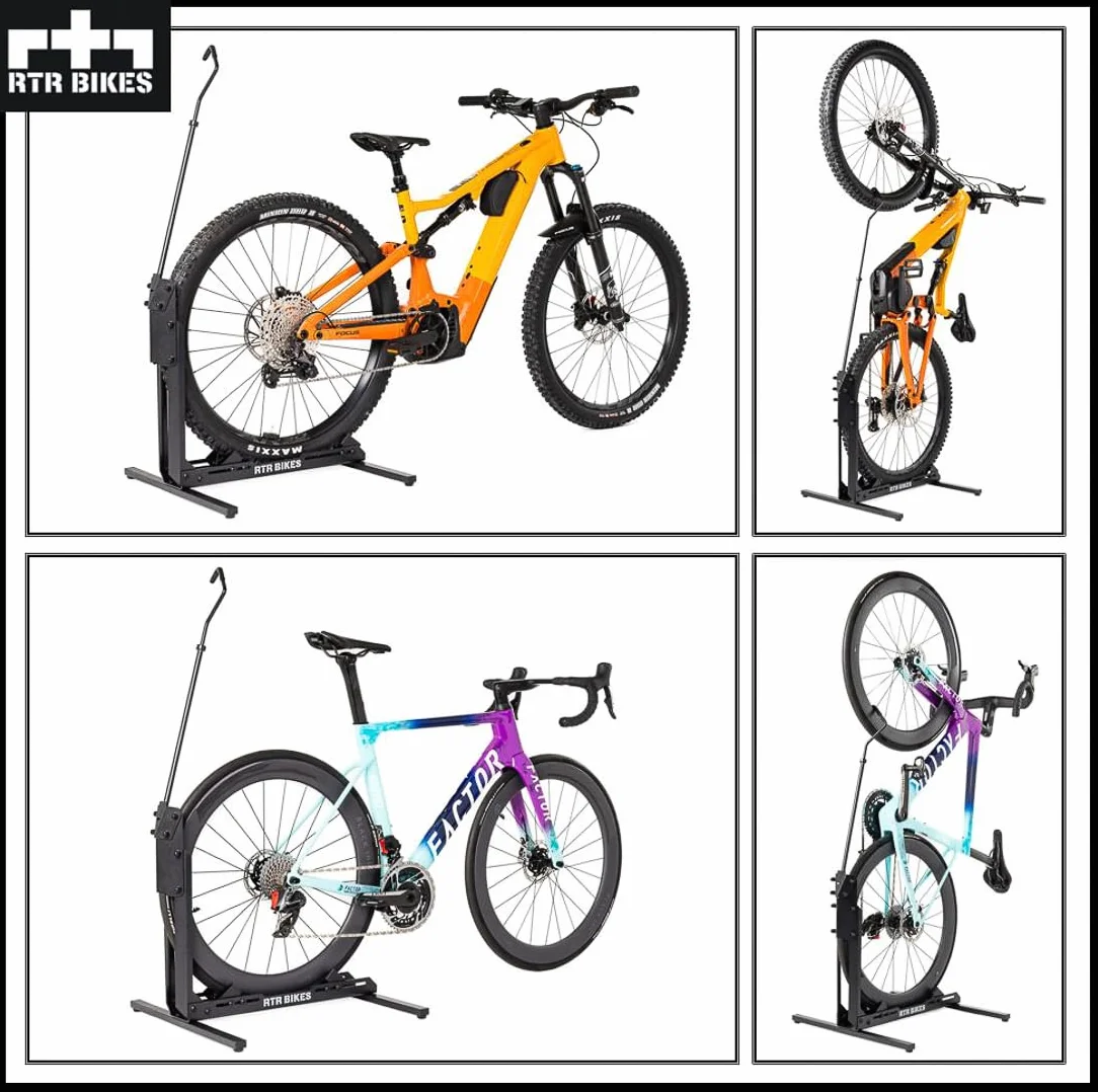 RTR BIKES Brutus Up Cavalletto Bici Verticale e Orizzontale – Supporto Pavimento Salvaspazio per E-Bike e MTB fino a 30kg – Ruote 24-29" e Gomme 3,5" – Made in EU