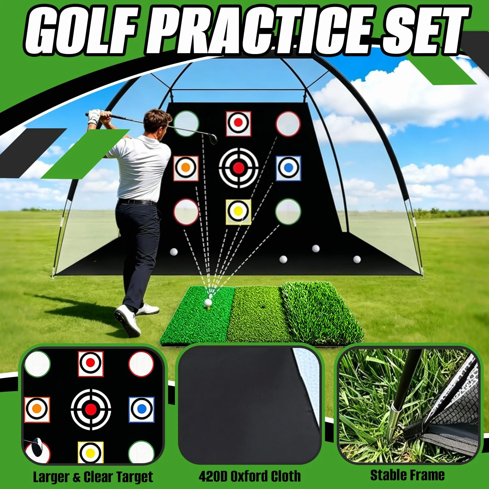 Rete Pratica da Golf 3 x 2,1m, Rete Pratica di Oscillazione per Esterni con Tappetino per Colpire, Reti di Aiuto per l'allenamento del Golf per l'allenamento Chipping in Giardino o Campo Pratica