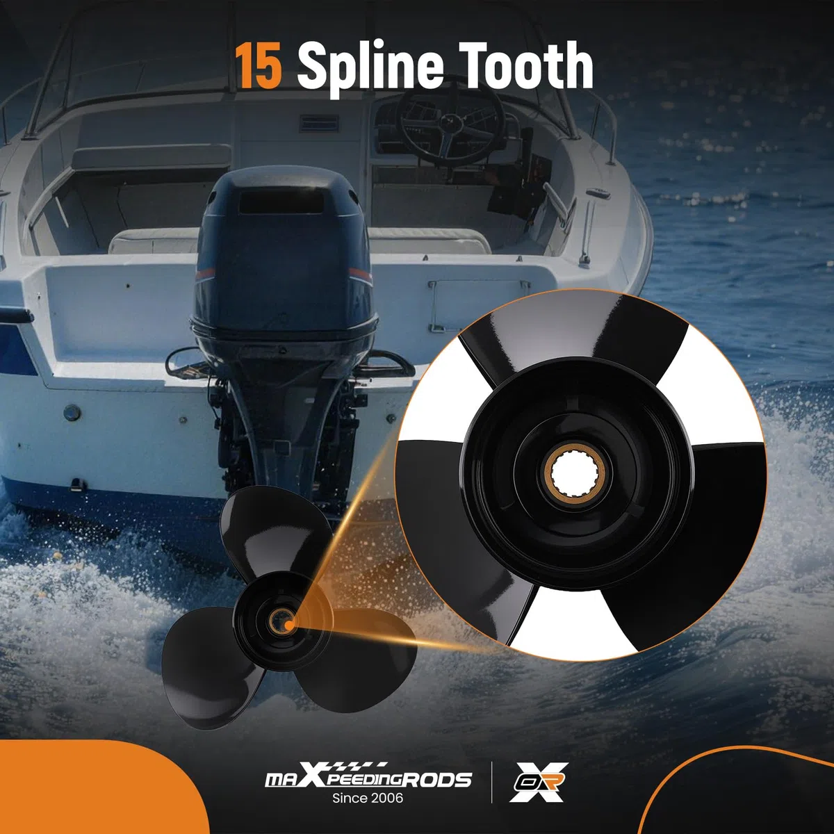 maXpeedingrods 14 X 11 Alluminio Barca Elica per Motori Mercury 60 75 90 100 115 CV, 15 Denti Spline 3 Pale, DX, Parti N° 48-77338A45
