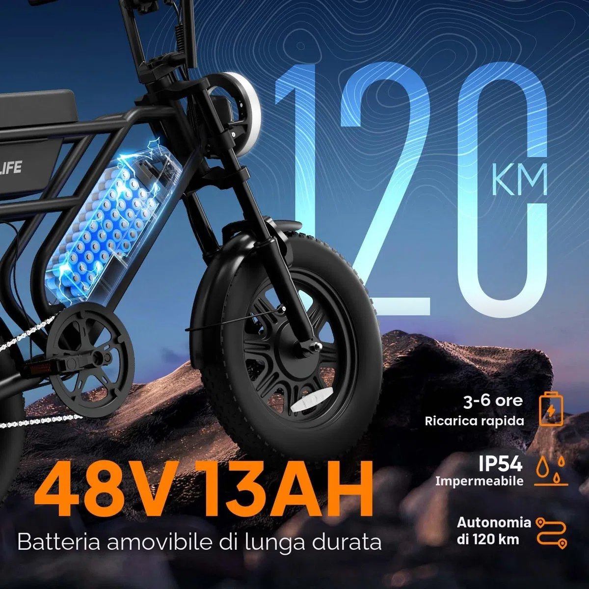 URLIFE Bicicletta Elettrica 16" x 3.0, Batteria Rimovibile da 48V 13Ah, Motore Brushless da 250W, Autonomia di 100km, Bici Elettrica con Doppia Sospensione, Scatola di Immagazzinaggio Ebike per Adulti