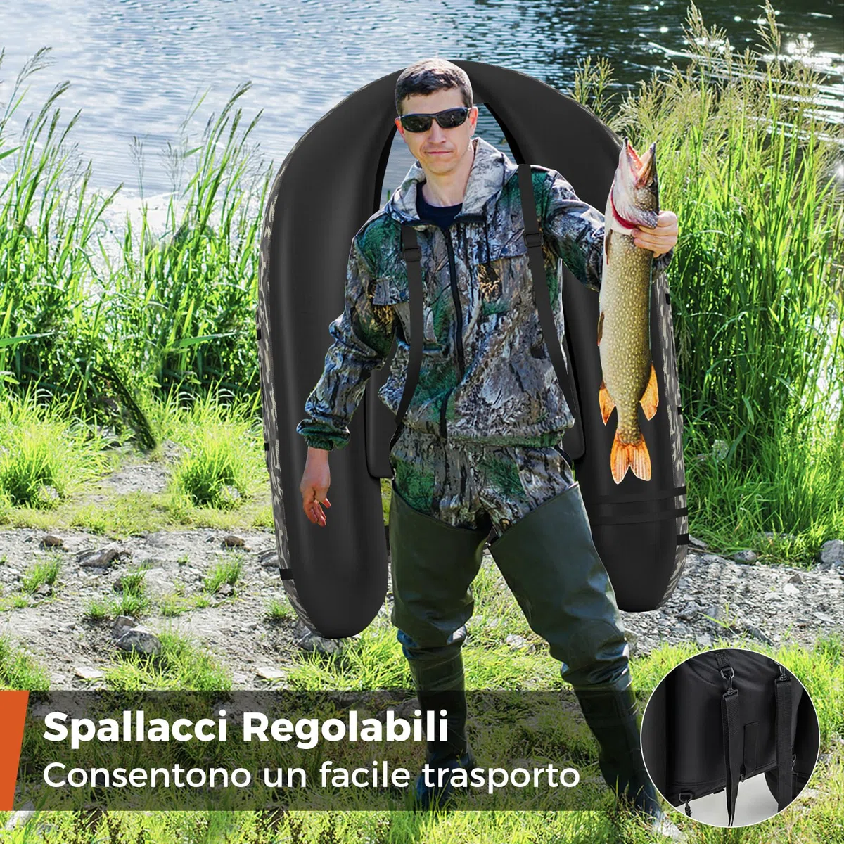 COSTWAY Belly Boat da Pesca Portatile, Gommone Gonfiabile da Pesca con Porta Canne Regolabile, Pompa, Pagaia in Alluminio, Spallacci e Kit di Riparazione, Barca da Mare con 2 Pinne, capacità 160kg