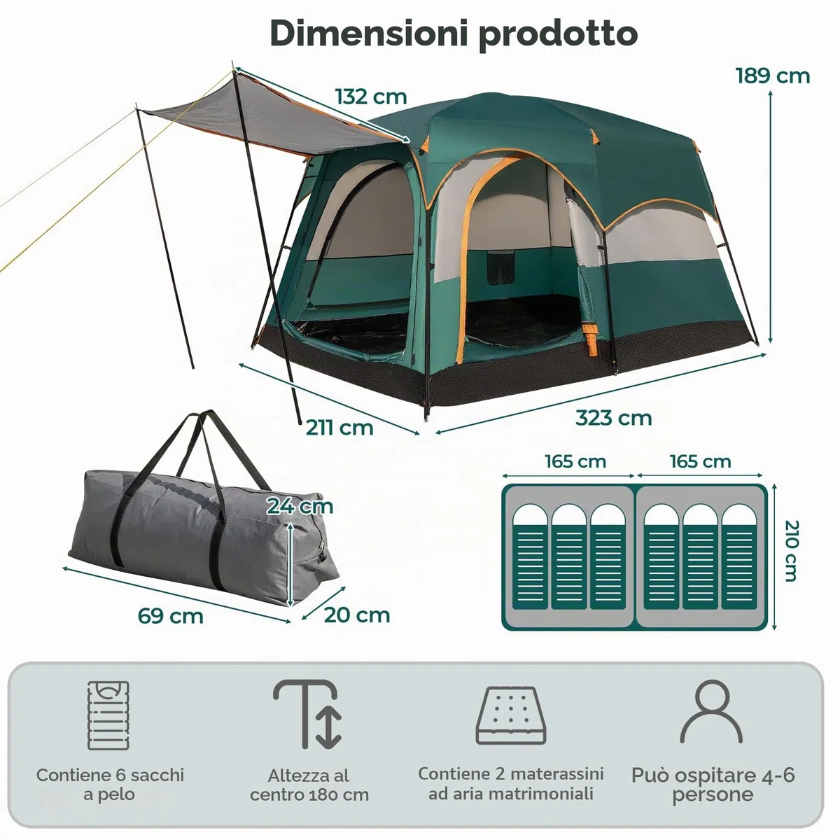 HOMASIS Tenda a Tunnel per 4-6 Persone con 2 Divisori e 3 Ingressi, Tende con Avancorridoio e Tappetino, Tenda Familiare con Borsa per il Trasporto per Campeggio, Trekking e Escursioni