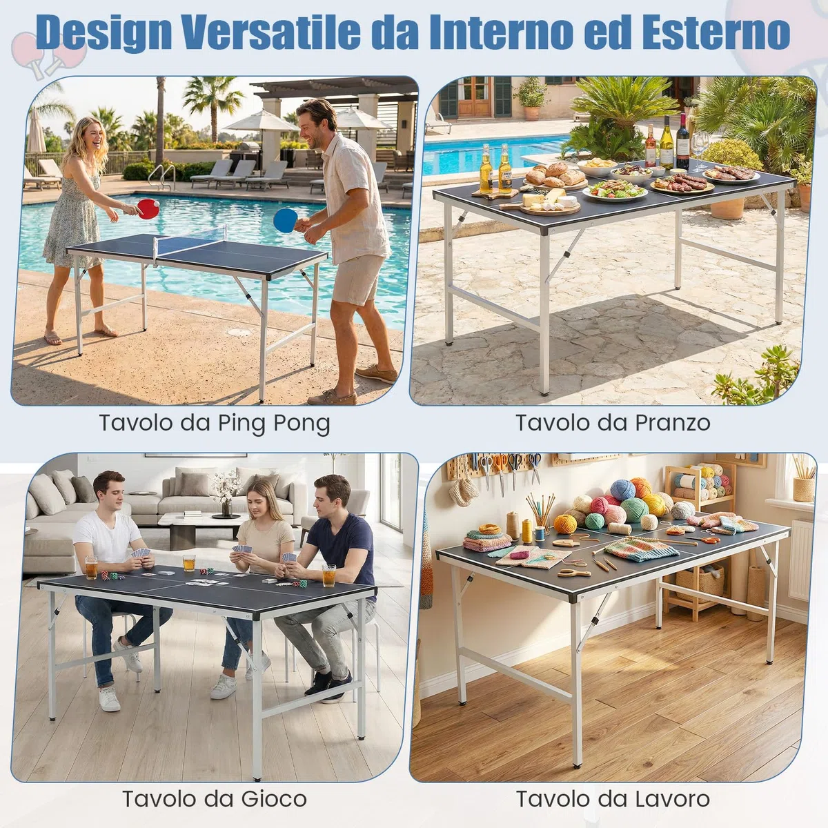 COSTWAY Tavolo da Ping Pong Pieghevole 152,5 x 76 x 71 cm, Tavolo da Ping Pong Salvaspazio e Portatile da Interno ed Esterno con Rete, 2 Racchette, 2 Palline e Maniglia, Preassemblato