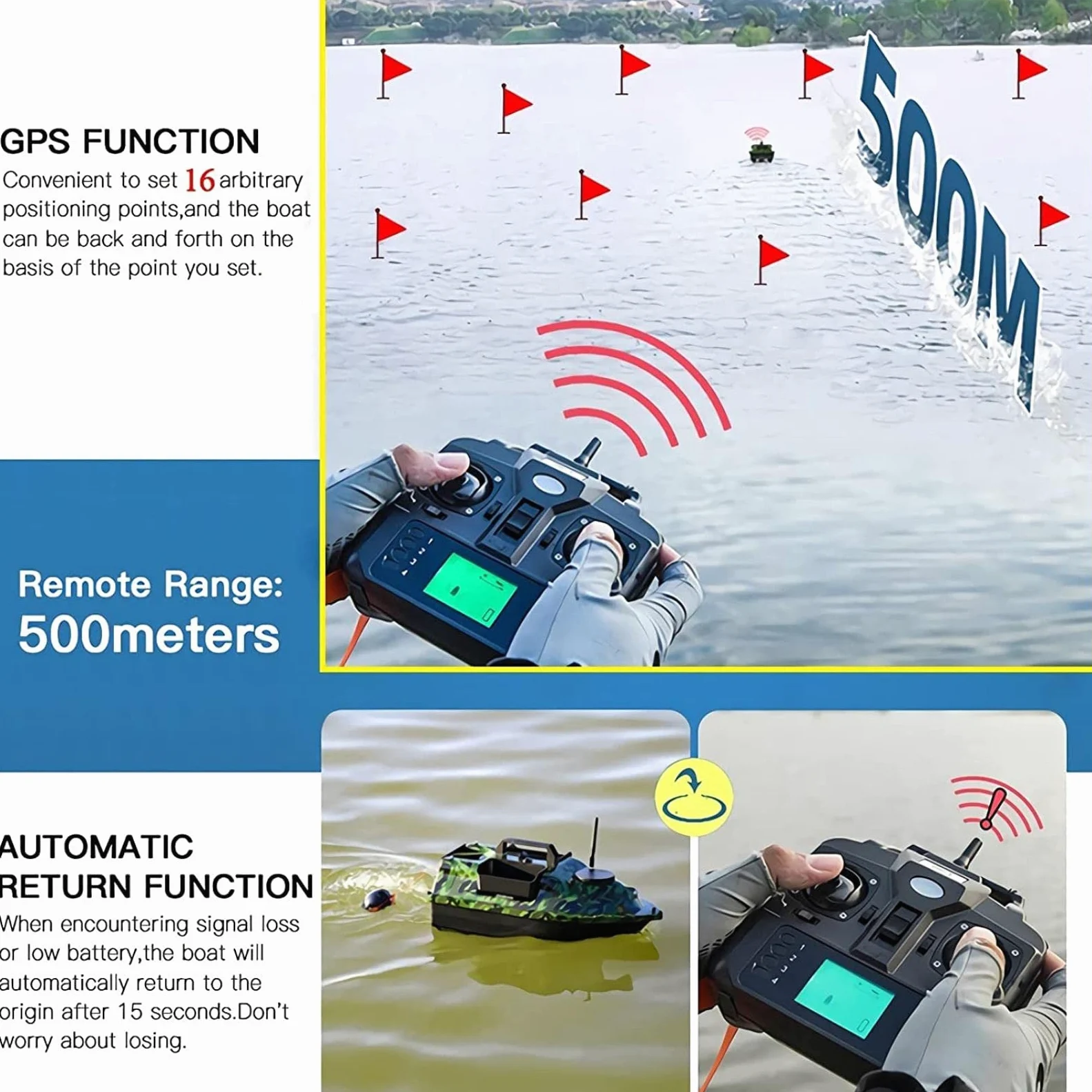 Barca Telecomandata Cercatore di Pesci da Pesca Portatile, Barchino Carpfishing con GPS, Doppio Motore e Eliche, Batterie da 5200 mAh, 16 Punti di Pesca, Ecoscandaglio 0.6-45 m