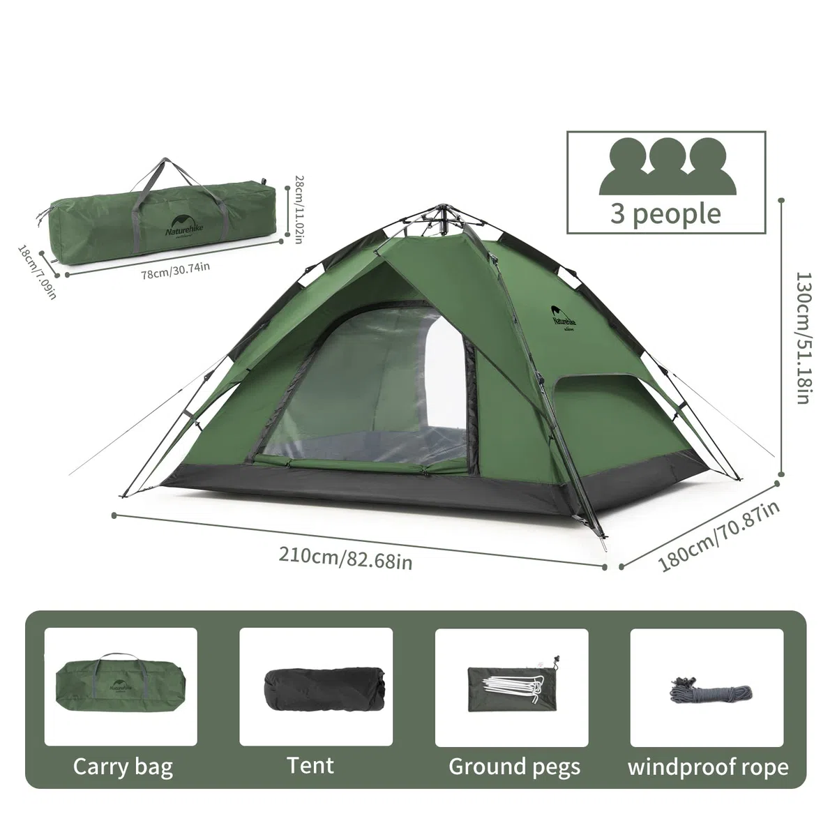 Naturehike Tenda Pop Up Tenda da Campeggio Automatica 3/4 Persone Tenda a Cupola a Due Piani Tenda Familiare Grande con Borsa per il Trasporto