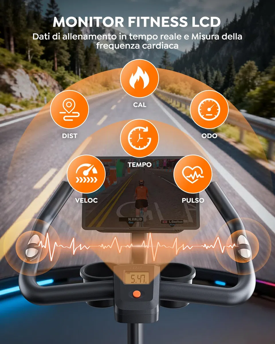 Cyclette da Casa Ultra Silenziosa, Cyclette per Casa con App, Design Ergonomico, Schermo LCD con Frequenza Cardiaca, Resistenza Magnetica, Volano da 15KG, Capacità 160 kg