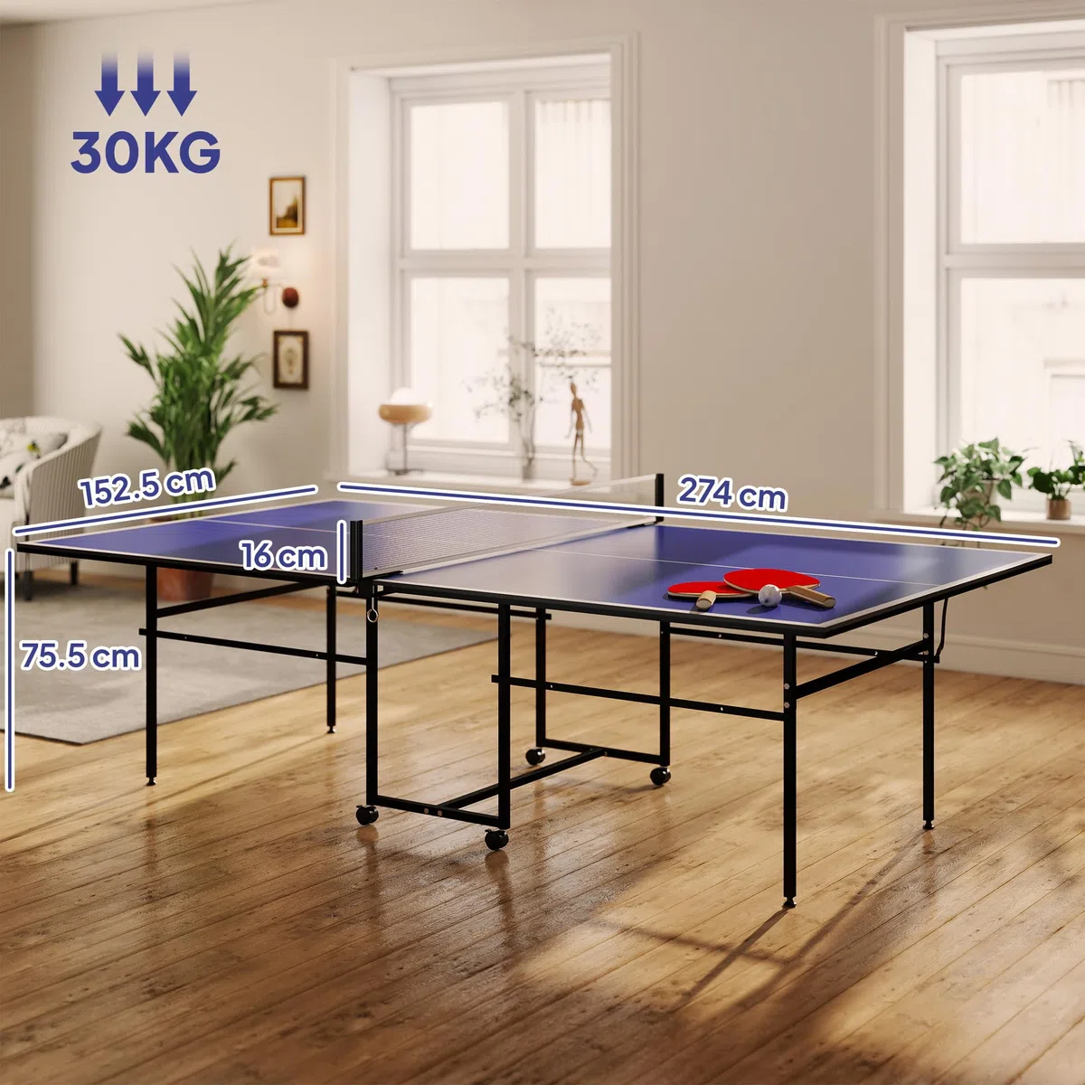 SPORTNOW Tavolo Ping Pong Pieghevole Salvaspazio per Interni, Tavolo da Ping Pong Professionale con Ruote Girevoli, Rete, Racchette e Palline, Blu