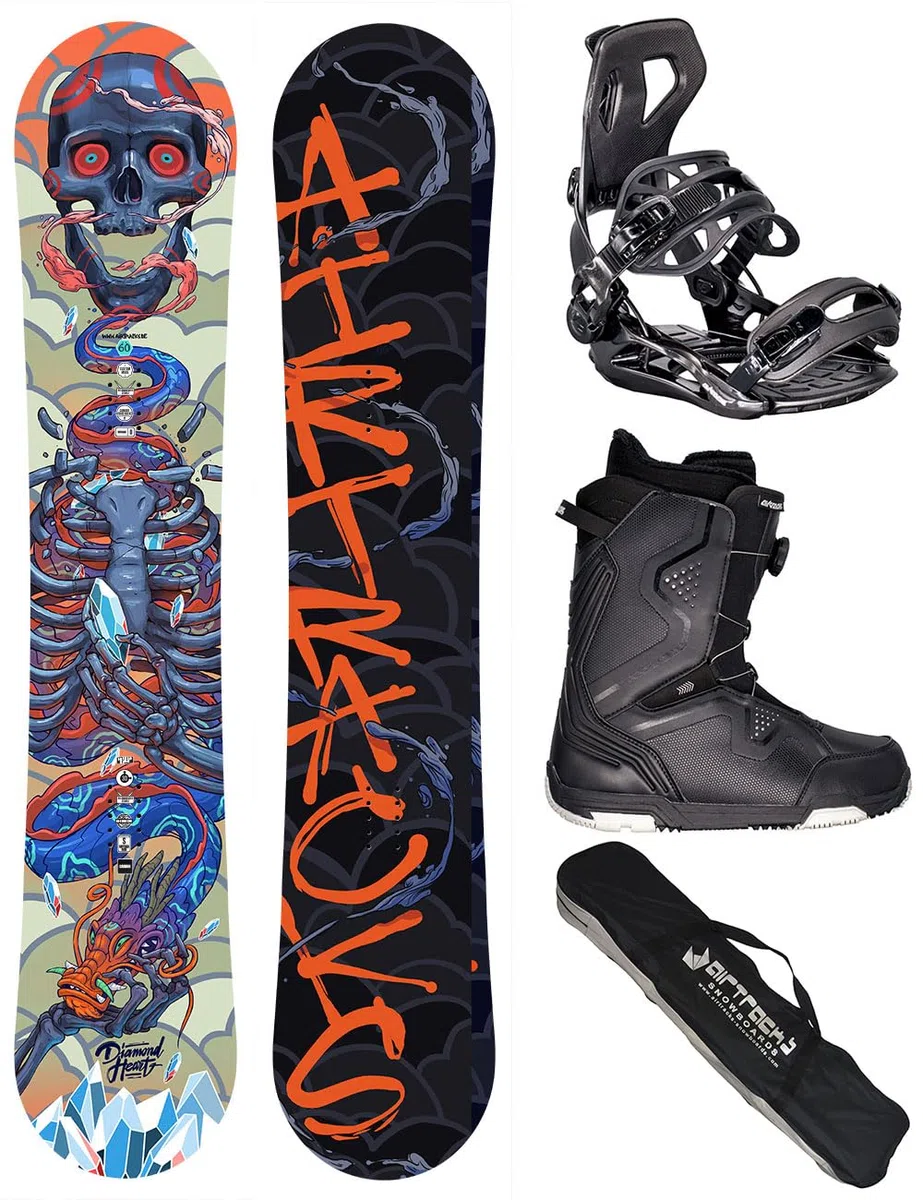Airtracks Snowboard Set Tavola Diamond Heart Carbon Wide Hybrid Rocker Uomo + Attacchi Master + Scarponi + Sacca Nuovi 150 155 160 cm