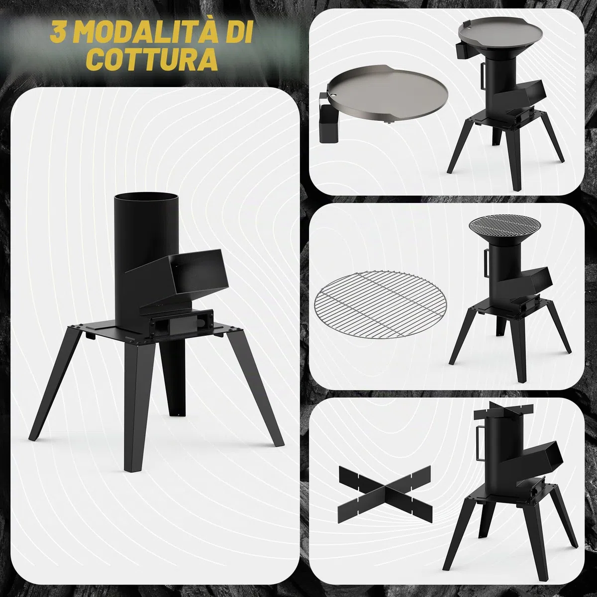 Onlyfire Forno a Razzo da Esterno con Supporto, Stufa a Legna, Fornello da Campeggio Multifunzionale 3 in 1 con Griglia di Cottura, Piastra e Supporto per Pentole per Cucinare All'aperto e in Giardino