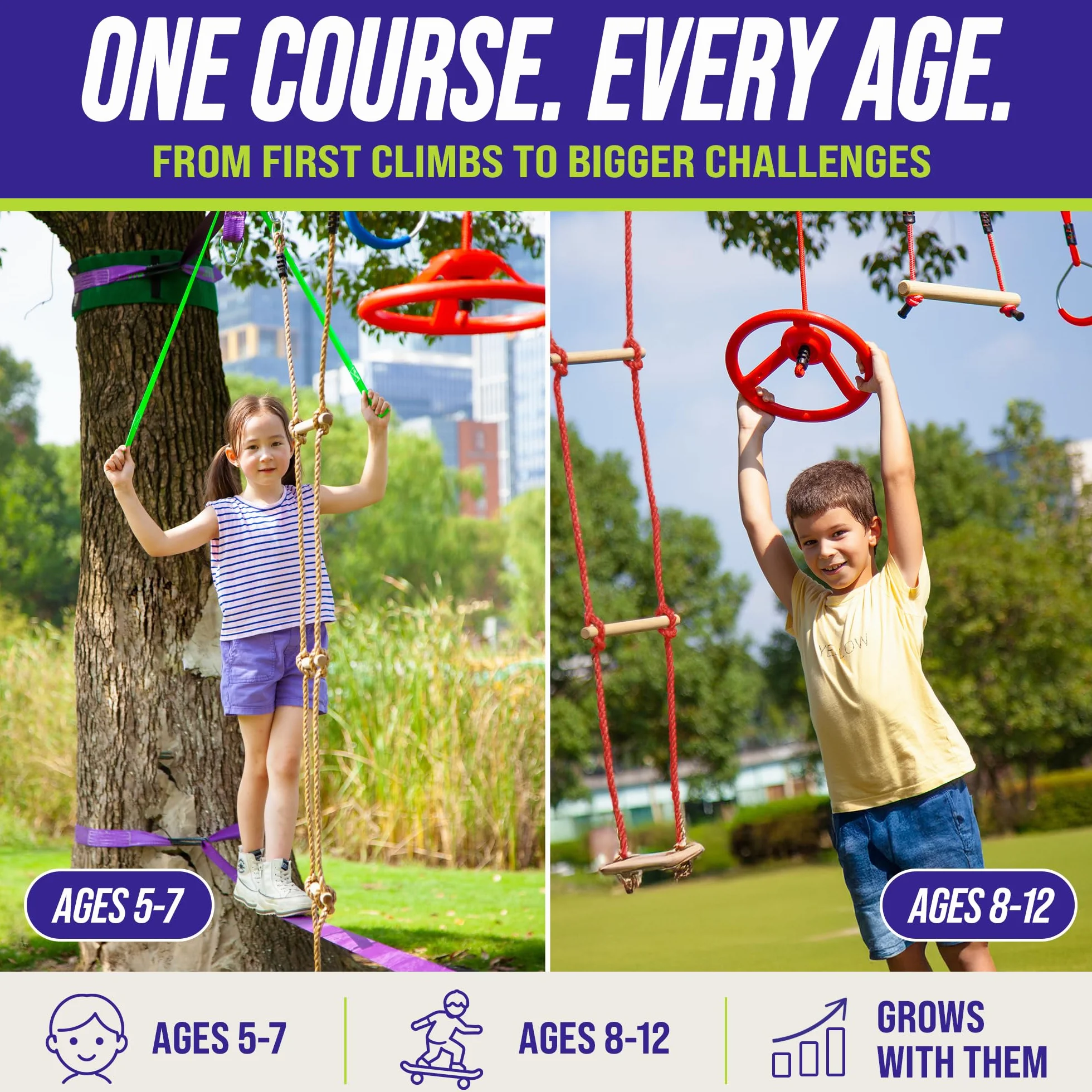 Trailblaze Ninja Line Hanging Obstacle Course for Kids - 40' Set for Backyard American Ninja Warrior Obstacles - Slackline Monkey Bars Kit + Tree Protectors - Carry Bag Included