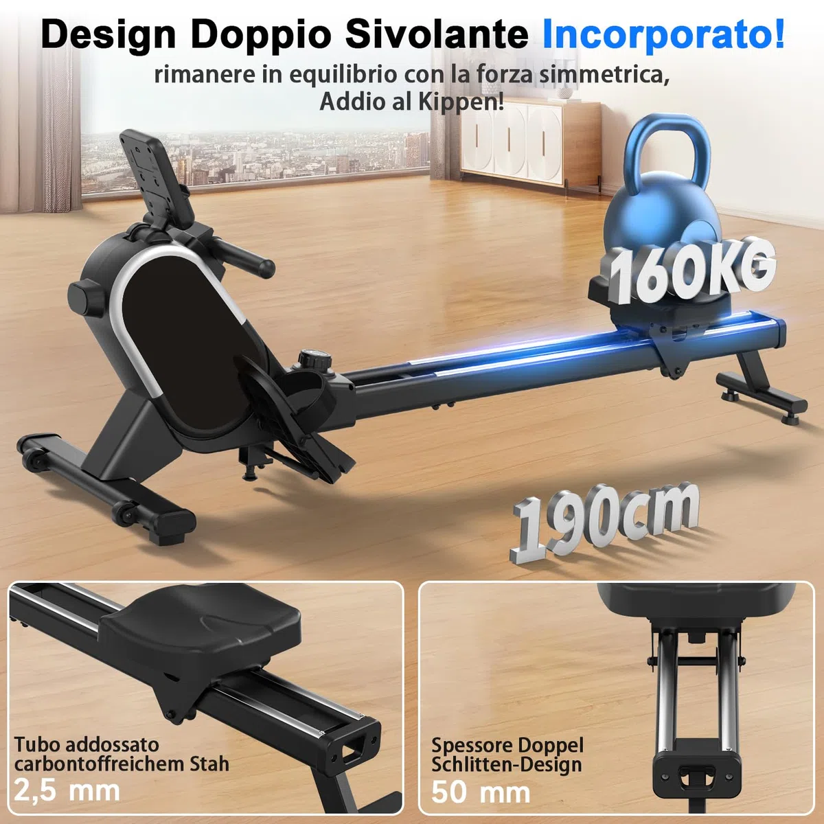 CHAOKE Vogatore Professionale per Casa, Vogatore Magnetico 16 Livelli di Resistenza e Doppia Guida Scorrevole,con App Compatibile, Monitor Bluetooth & Stent Capacità di Carico 160KG