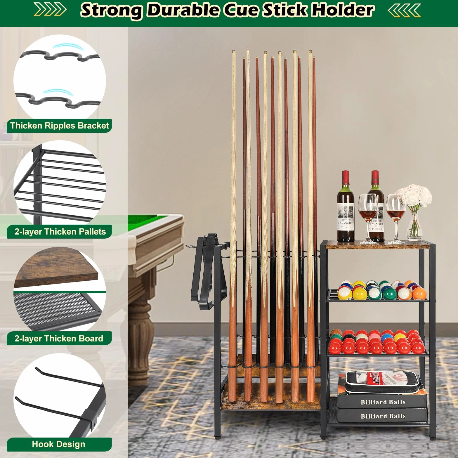 Bikoney Porta Stecche da Biliardo a Pavimento per Fino a 12 Bastone, Biliardo da Tavolo con Spazio per Palline, Grande Supporto Bastoncini da Biliardo di Accessori per Tavolo da Biliardo