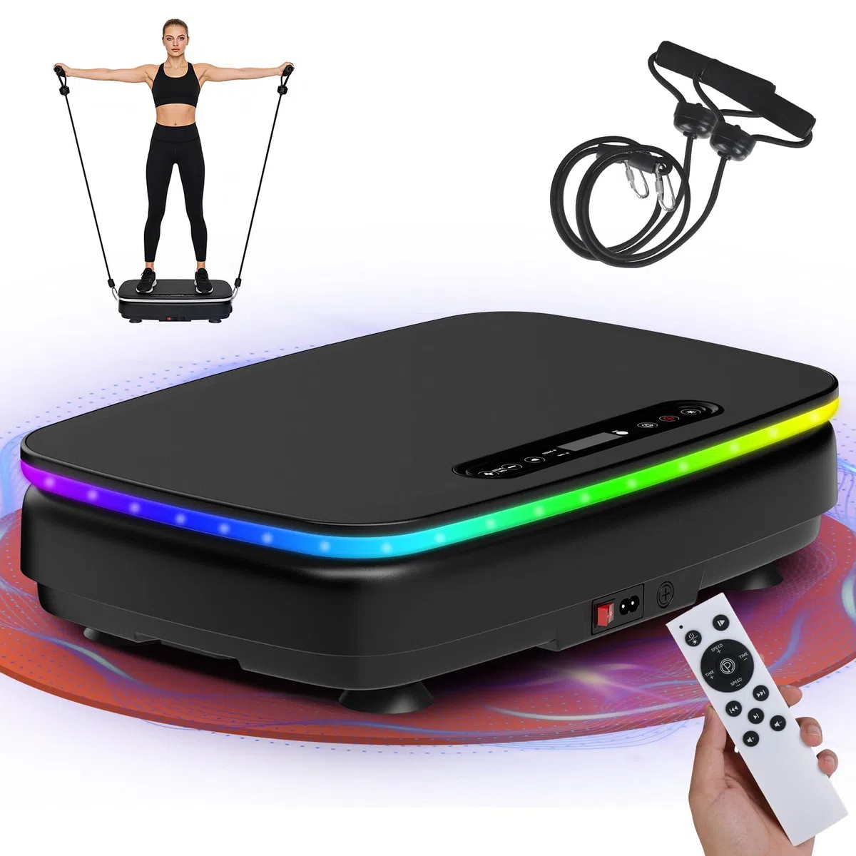 DH FitLife Pedana Vibrante per Casa | 0–99 Livelli con Timer | 9 Programmi Automatici | Silenziosa con Ventose | Luci LED & Altoparlante Bluetooth | Bande di Resistenza Incluse | Portata 150 kg