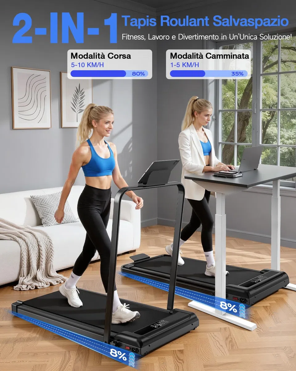 Tapis Roulant per Ginocchia Fragili: Pendenza 7%, 2.5HP, Ammortizzato, Display LED