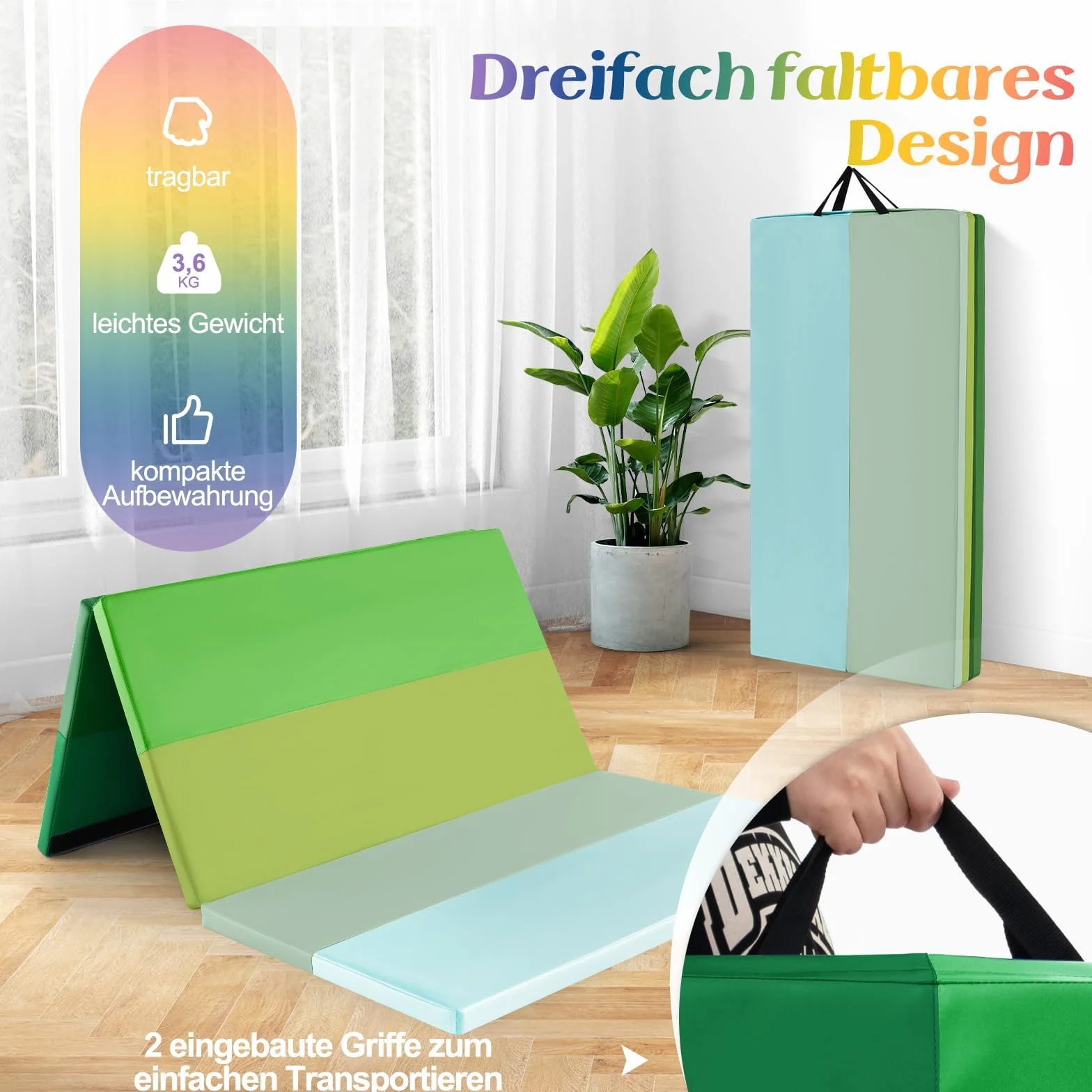 FANTASK Tappetino da ginnastica pieghevole per casa, 180 x 120 cm, tappetino fitness pieghevole a 5 volte, in PU con maniglia, tappetino sportivo per bambini e adulti