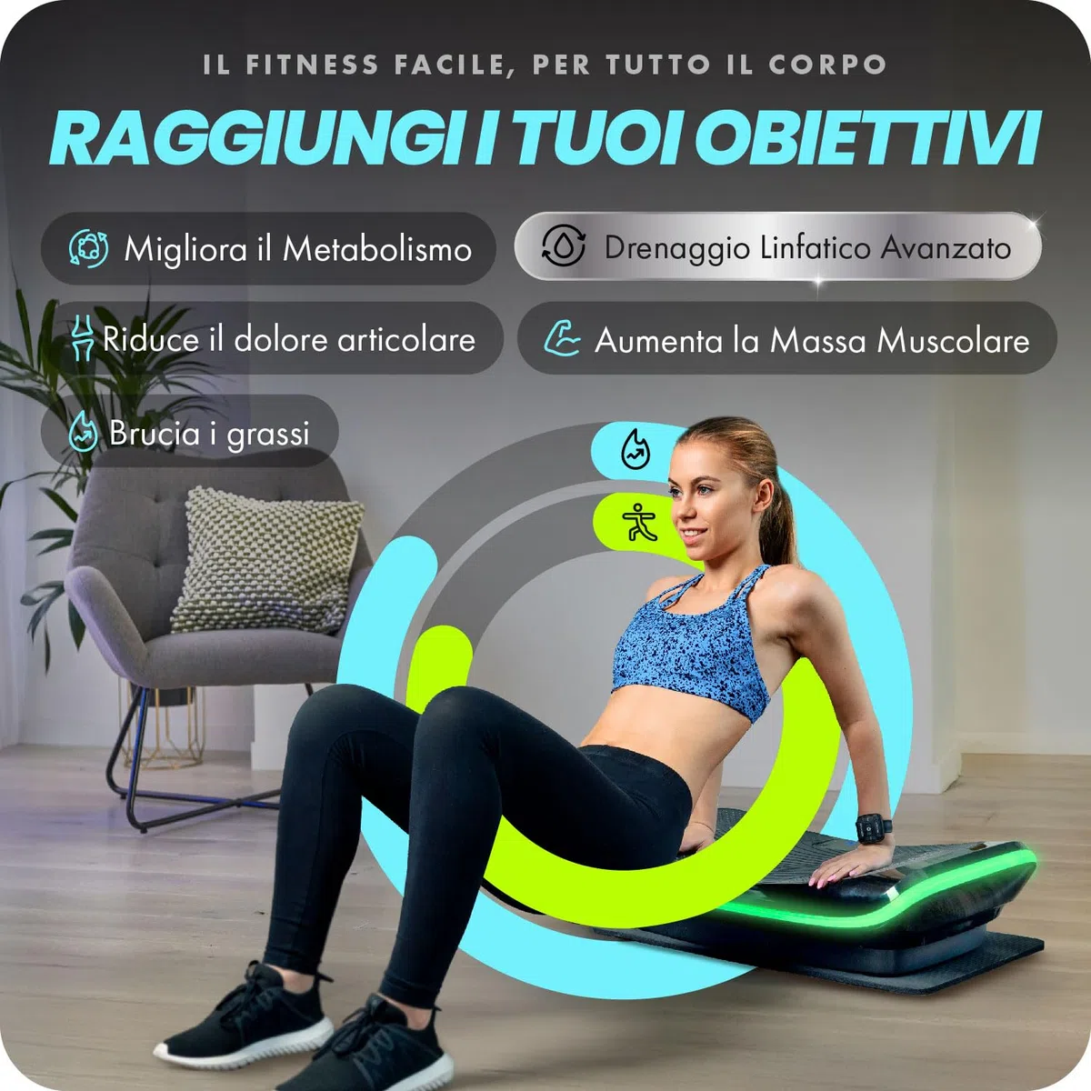 Bluefin Fitness Pedana Vibrante e Oscillante con Motore 4D | Potente e Facile da Usare | Con Massaggio Magnetico | Confortevole Superficie Curva | 3 Motori Silenziosi