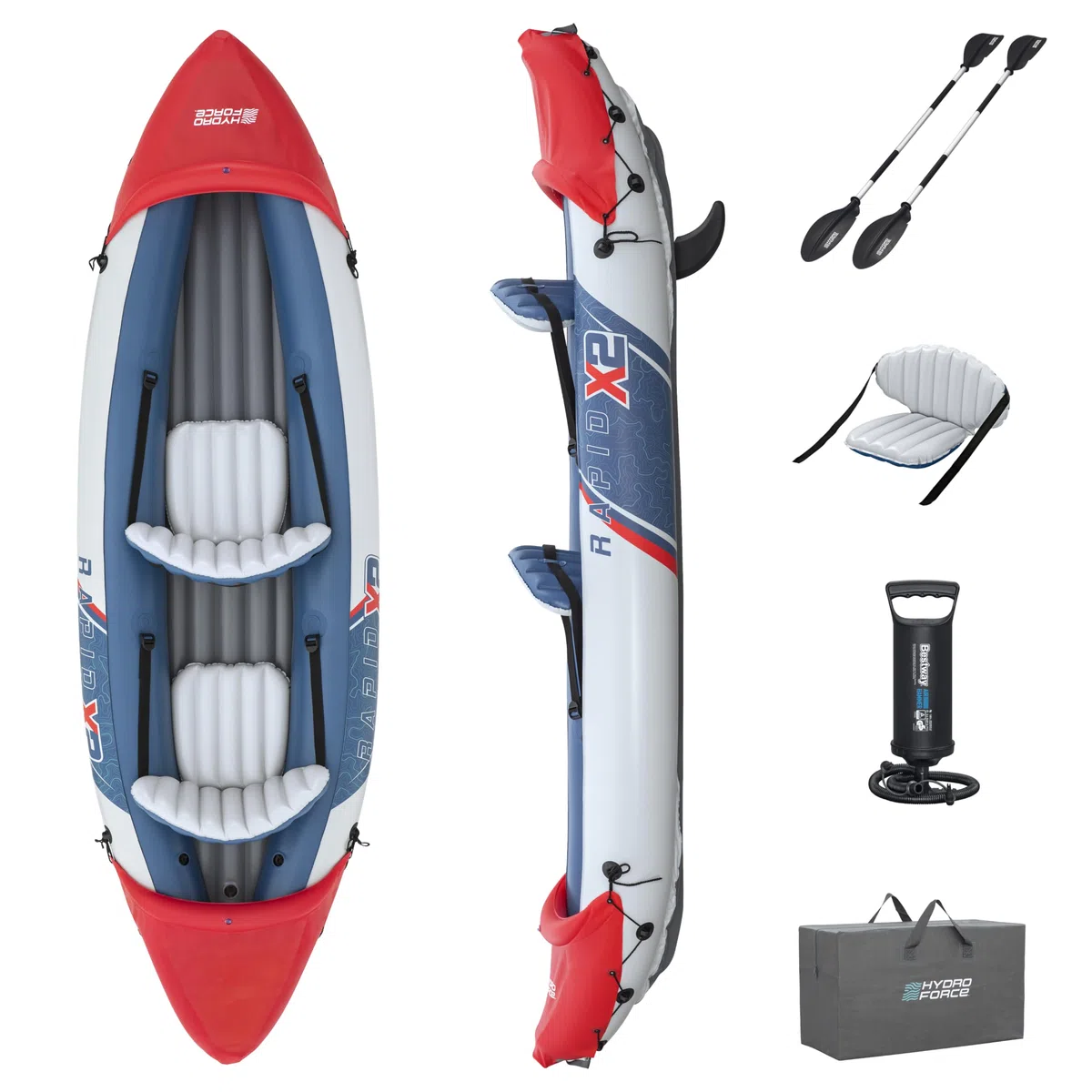 Hydro-Force Rapid Kayak 2 Person Inflatable Kayak Set with Seats, Backrest, Paddles, Hand Pump and Carry Bag