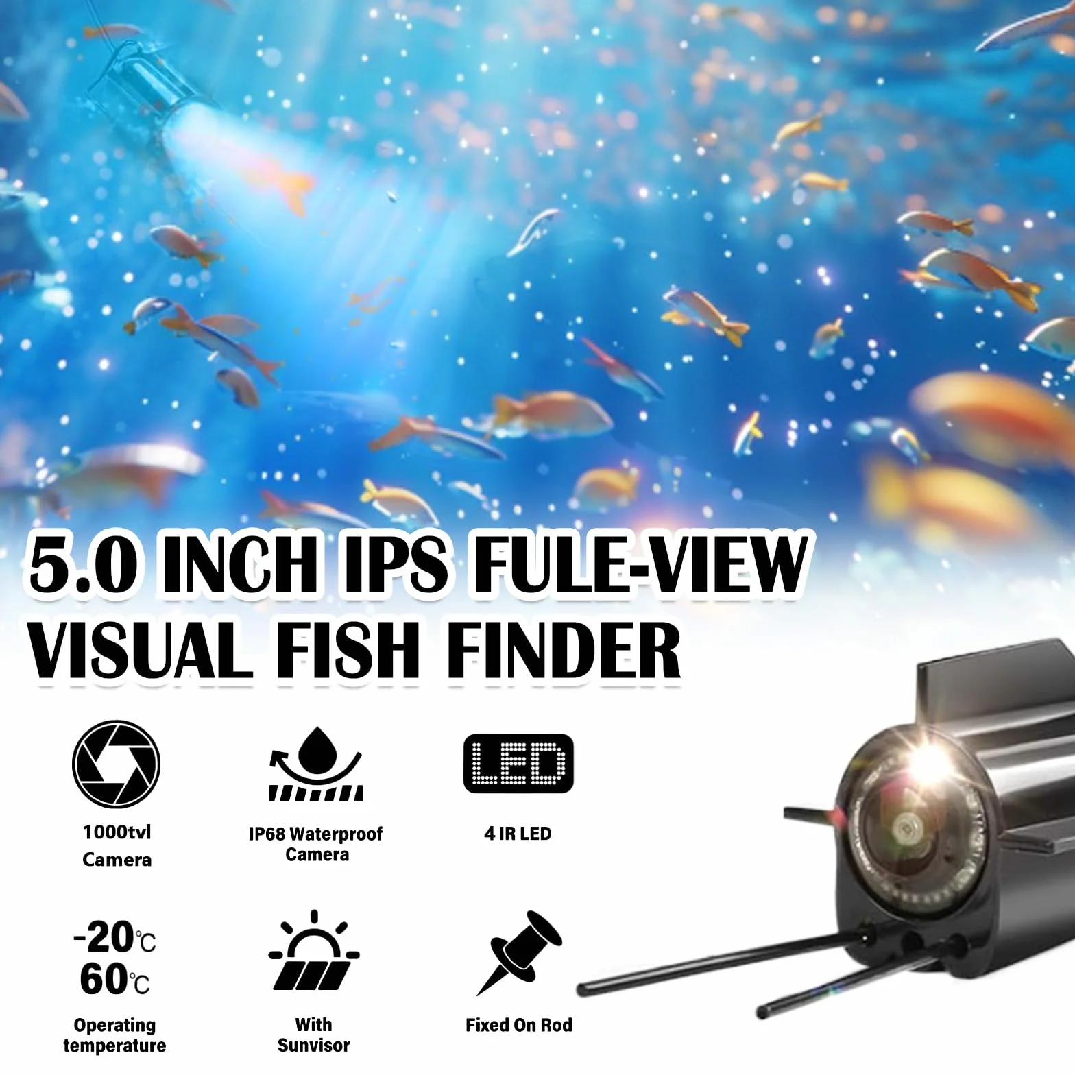 Telecamera Subacquea Pesca, Ecoscandaglio da Pesca Impermeabile IP65 Fish Finder con 5" IPS Display 8000mAh Batteria 30m Cavo 220° Visione Notturna Grandangolare per Pesca in Mare Pesca su Ghiaccio