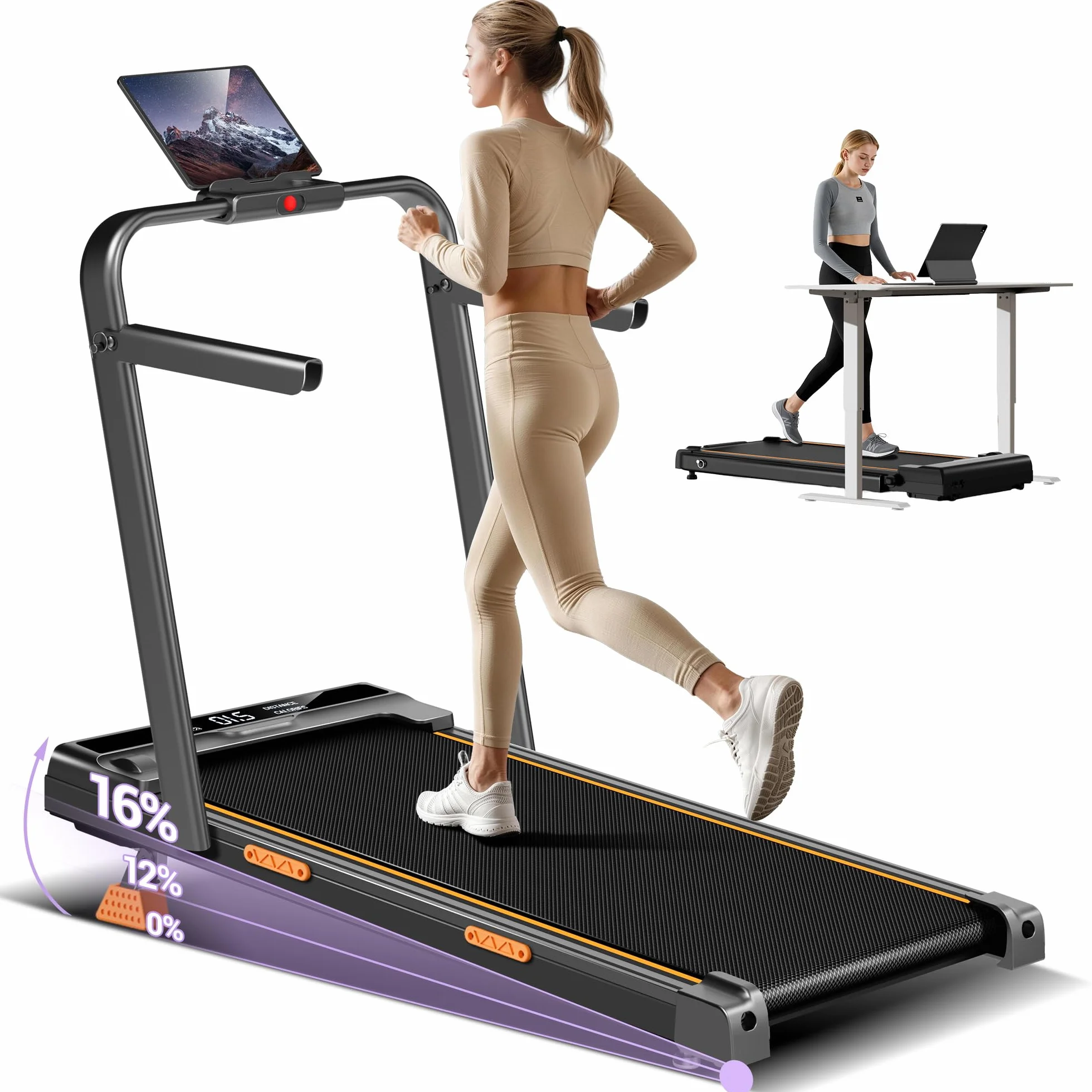 CURSOR Tapis Roulant con Inclinazione 16%, Tapis Roulant Salvaspazio Elettrico 1-10KM/H, Walking Pad con Motore Silenzioso da 3.0 HP e Tripla Ammortizzazione