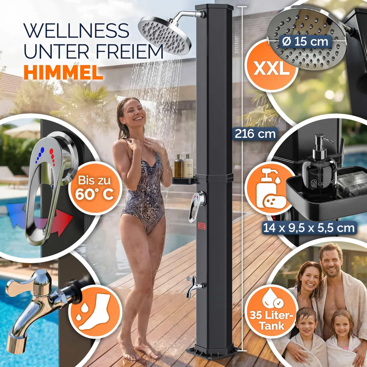 Monzana® Doccia solare 35L Resistente ai raggi UV Vassoio in Acciaio Inossidabile 105GSM Copertura Protettiva Doccino Regolabile a Pioggia Doccia Piscina Doccia Campeggio Acqua calda 60°C Esterno