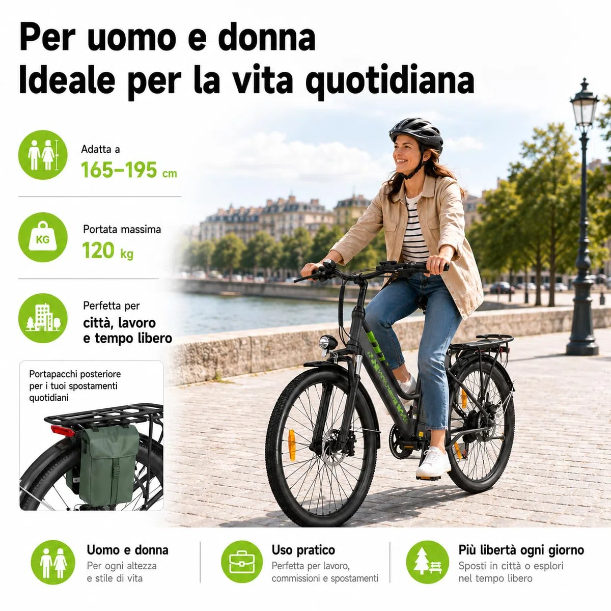 26" Bici Elettrica uomo donna,36V 15Ah Batteria Rimovibile Motore 250W,Autonomia fino a 100 km, 7 Velocità, Freni a Disco, Sospensione Anteriore City E-Bike for Urban Commuters